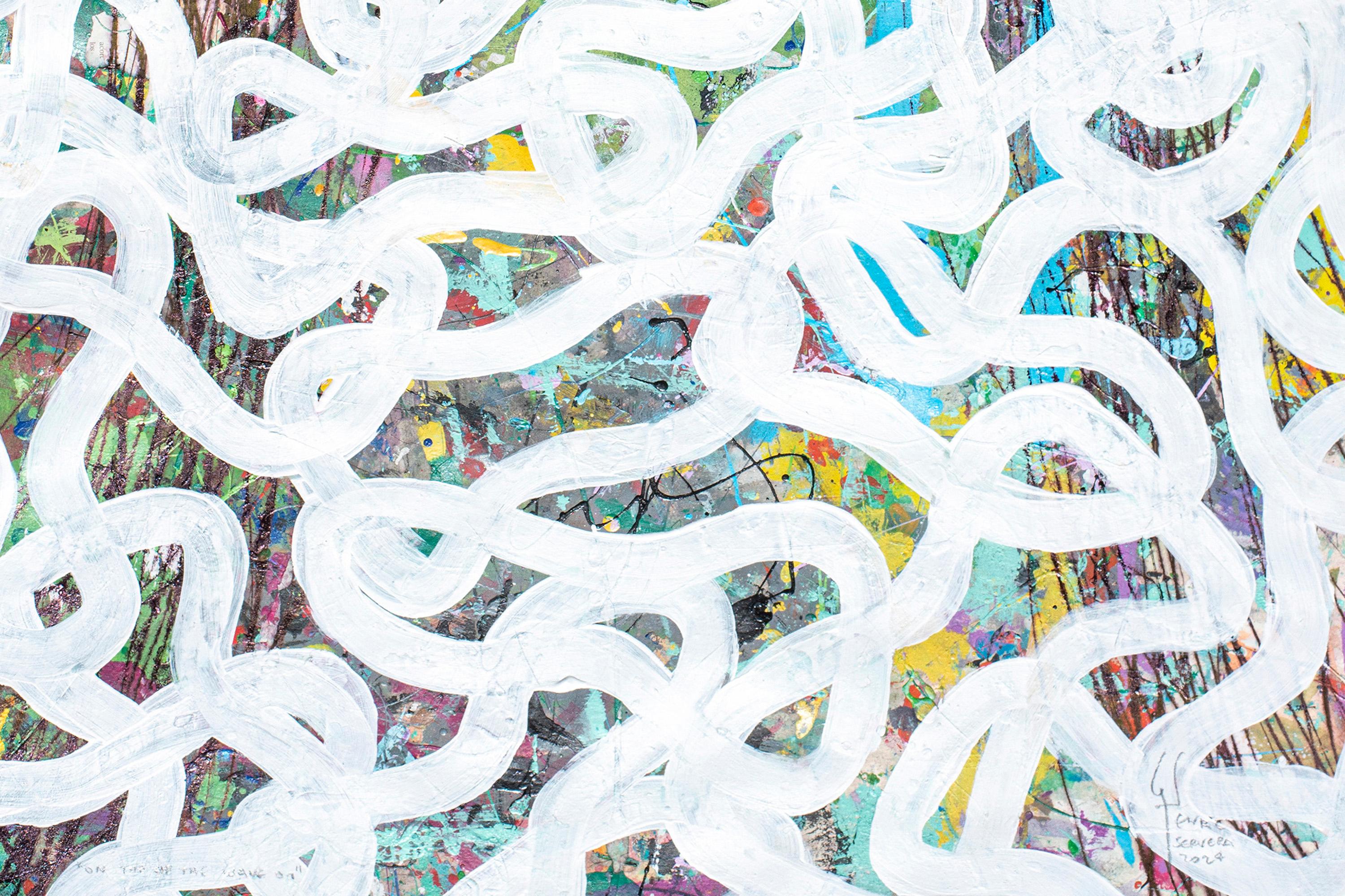 On Top of the Wave, Mixed Media on Paper, White Fish Drawing Patterns Colorful 1