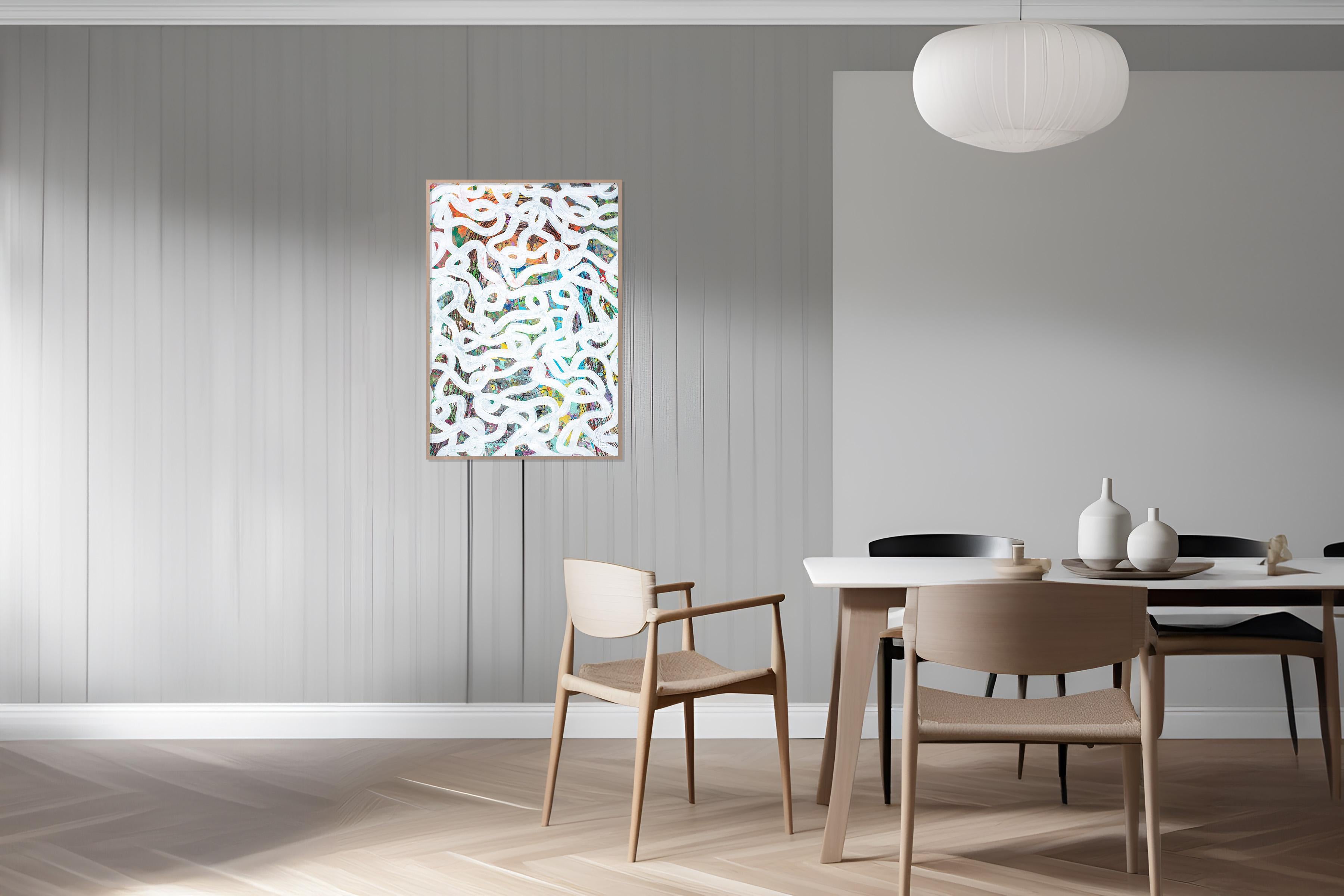 On Top of the Wave, Mixed Media on Paper, White Fish Drawing Patterns Colorful 2