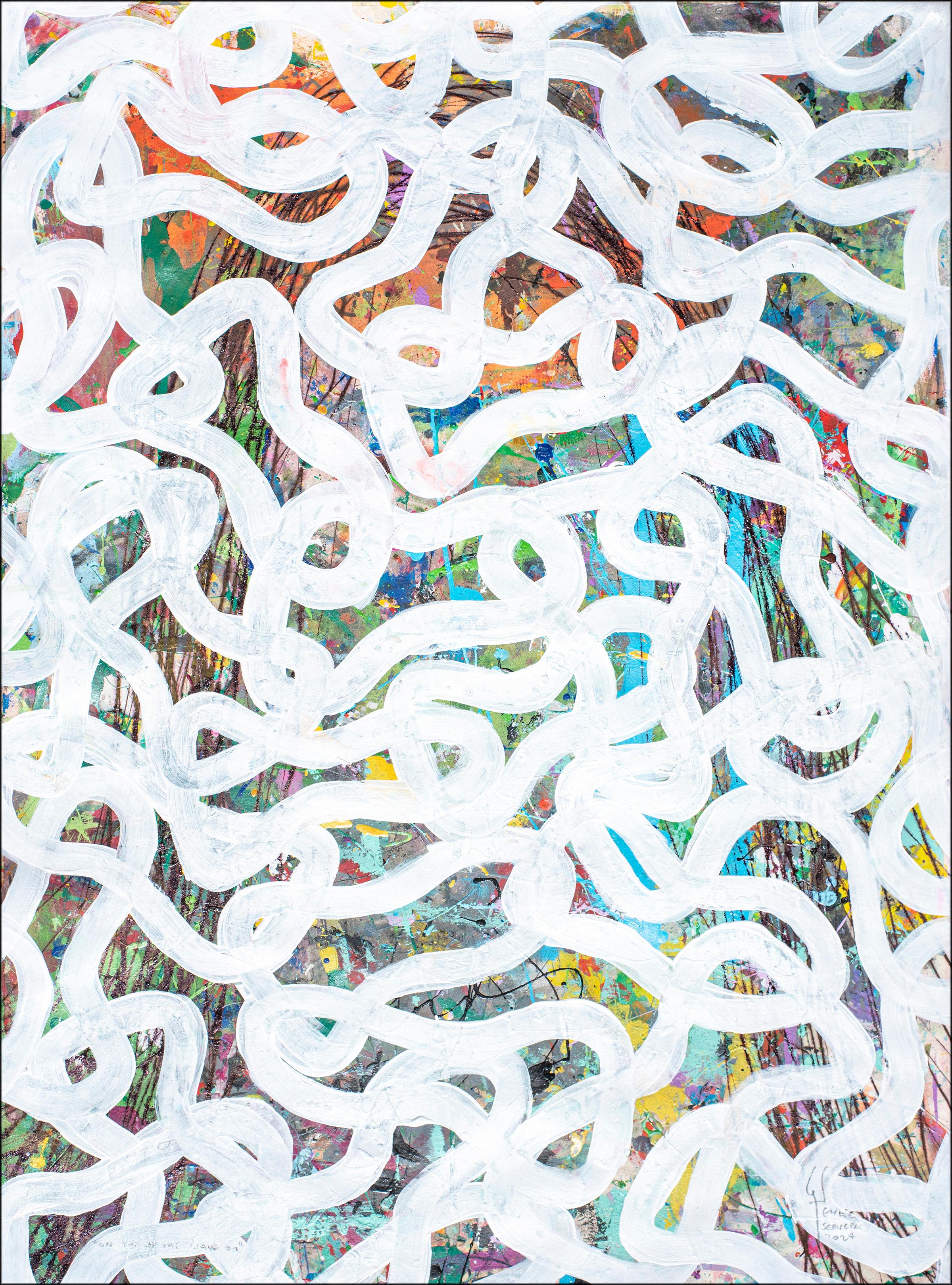 Enric Servera Abstract Painting - On Top of the Wave, Mixed Media on Paper, White Fish Drawing Patterns Colorful