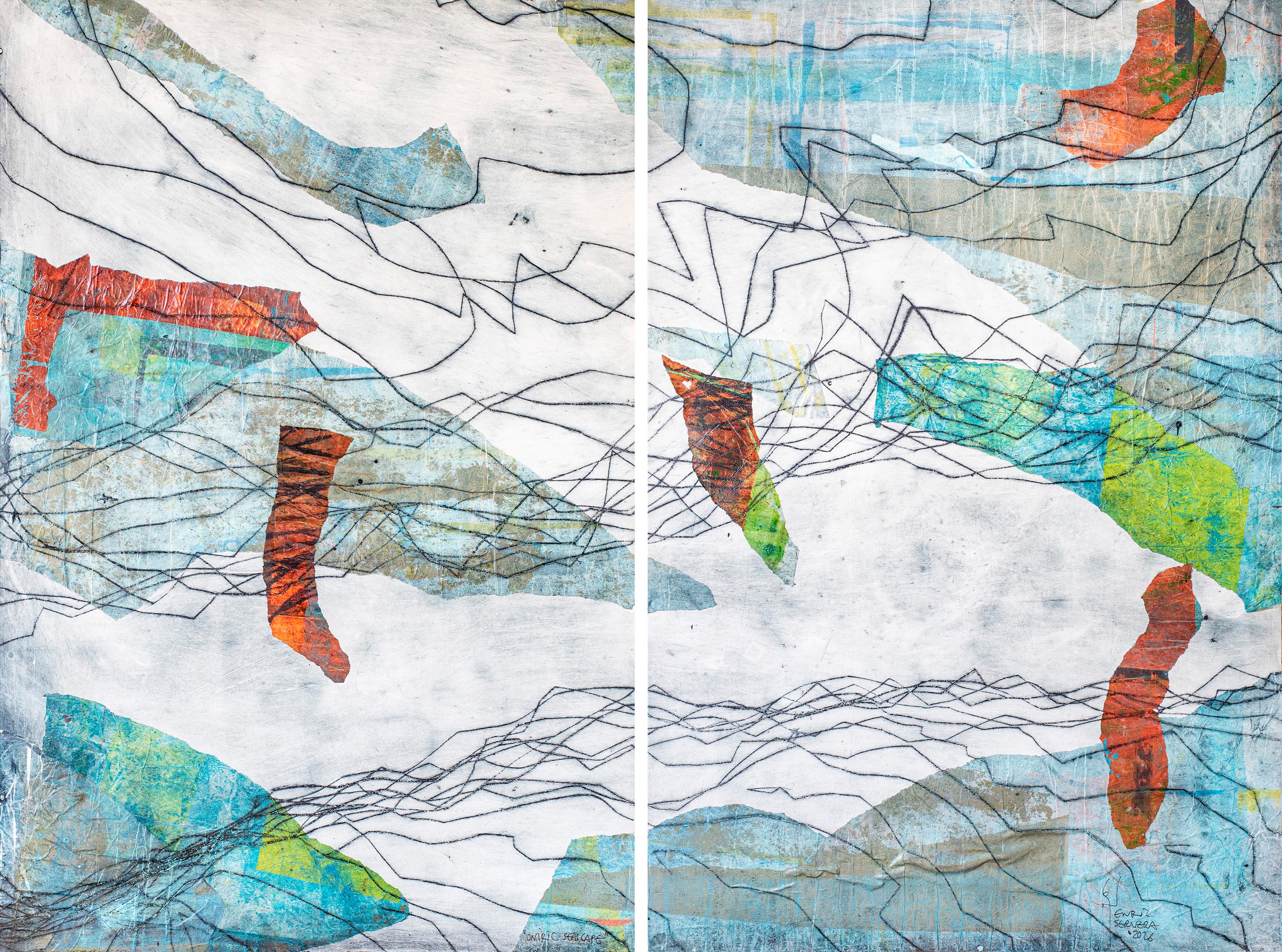 Paysage marin onirique, ton doux, grand diptyque côtier, techniques mixtes sur papier