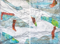 Oniric Seascape, Soft Tonrd, Large Coastal Diptych, Mixed Media on Paper