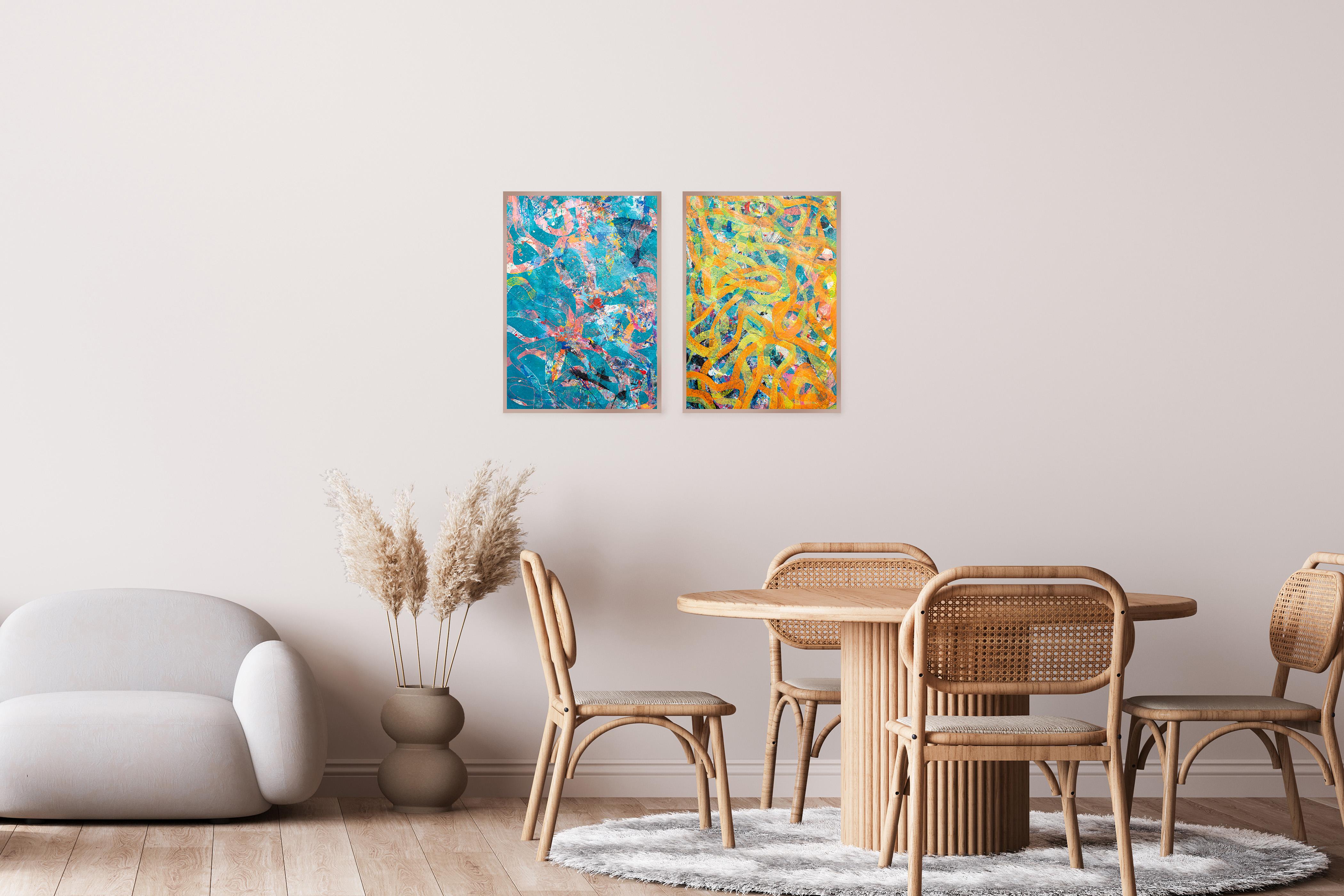 Arancione e blu, dittico astratto di paesaggio marino, monotipo unico, carta, forma di pesce - Painting di Enric Servera