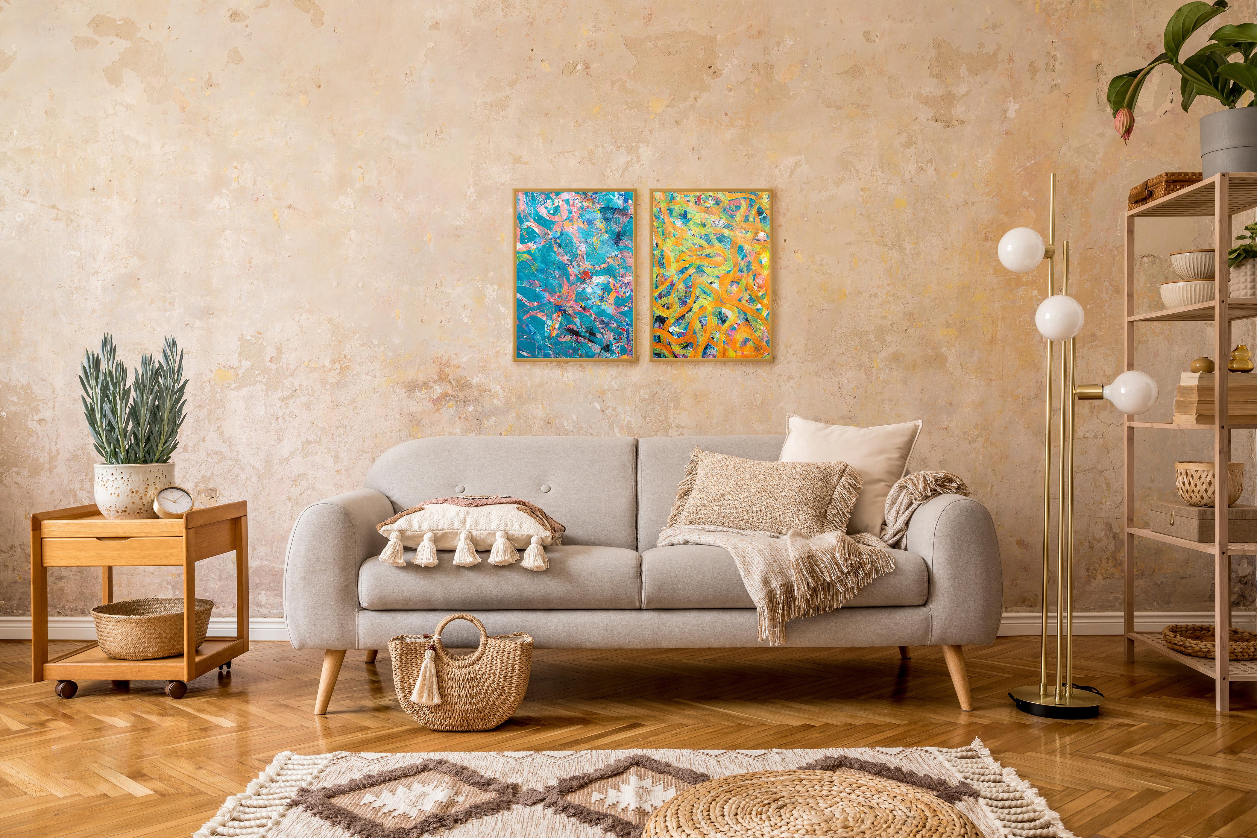 Arancione e blu, dittico astratto di paesaggio marino, monotipo unico, carta, forma di pesce - Painting Impressionismo astratto di Enric Servera