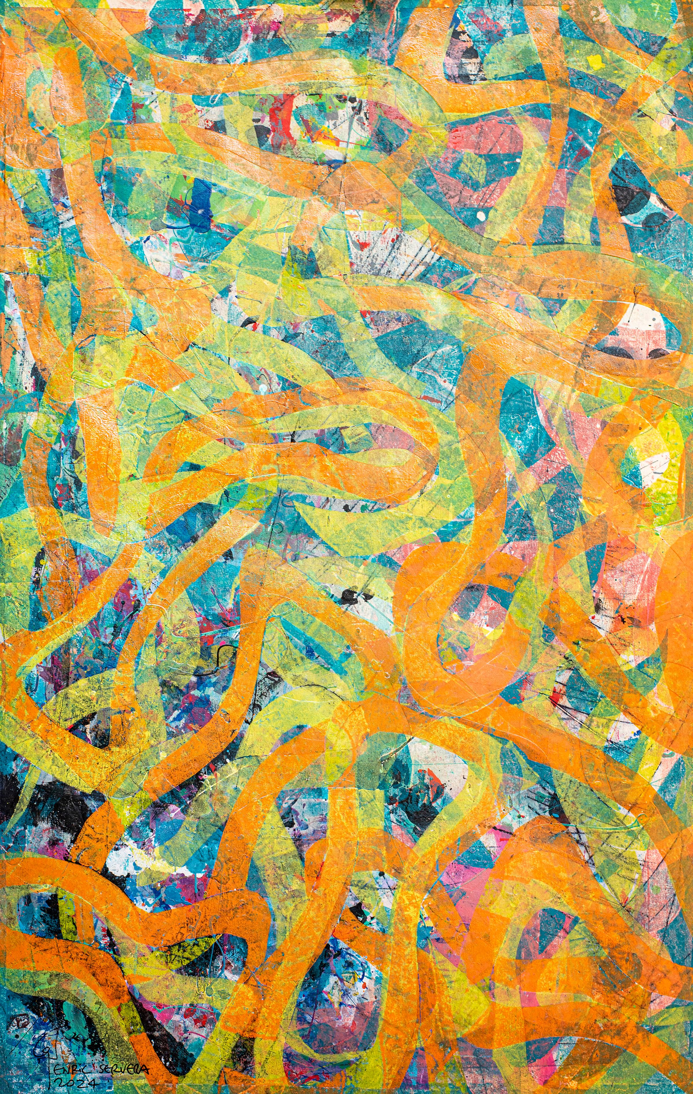 Arancione e blu, dittico astratto di paesaggio marino, monotipo unico, carta, forma di pesce - Abstract Painting Beige di Enric Servera
