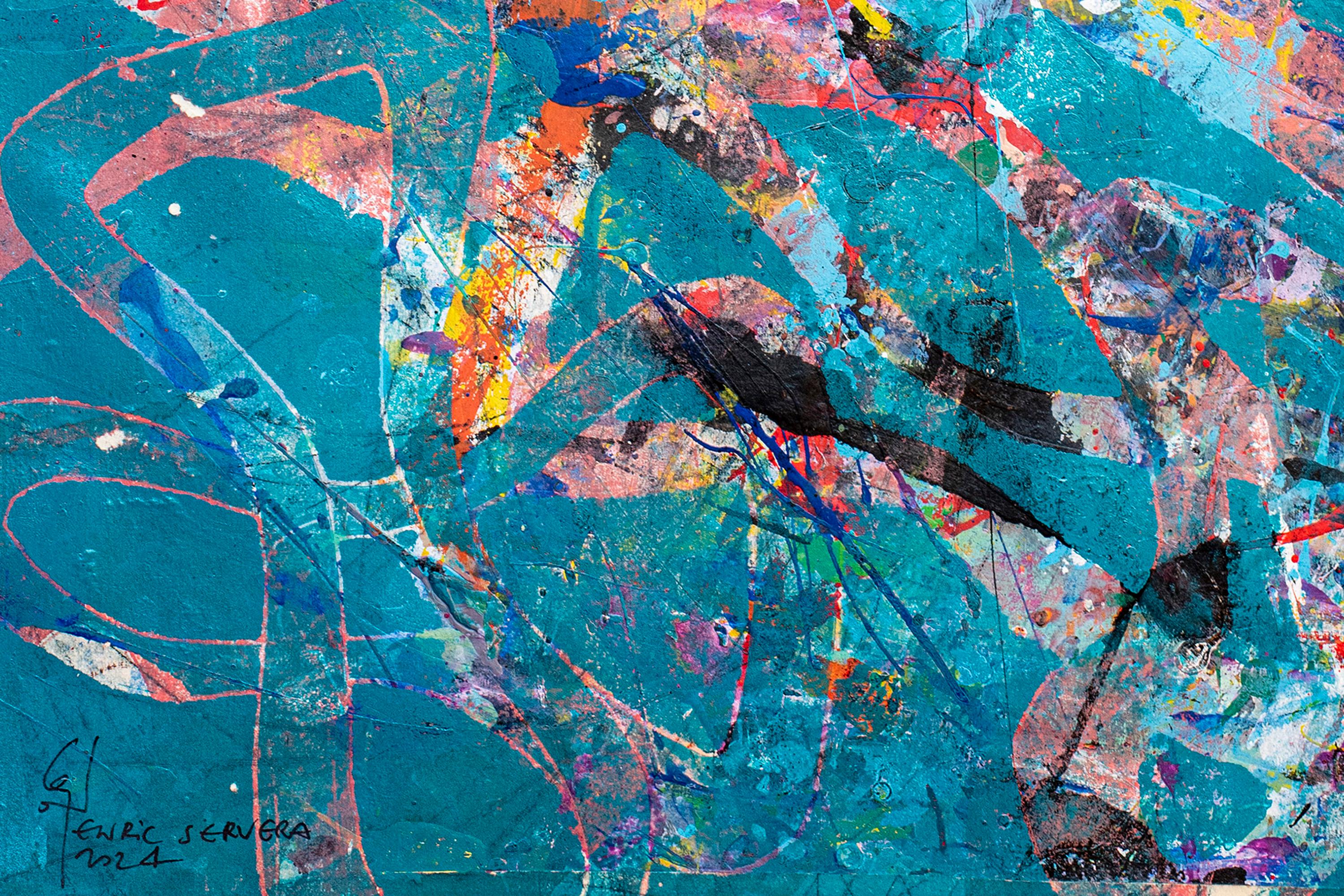 Arancione e blu, dittico astratto di paesaggio marino, monotipo unico, carta, forma di pesce in vendita 2