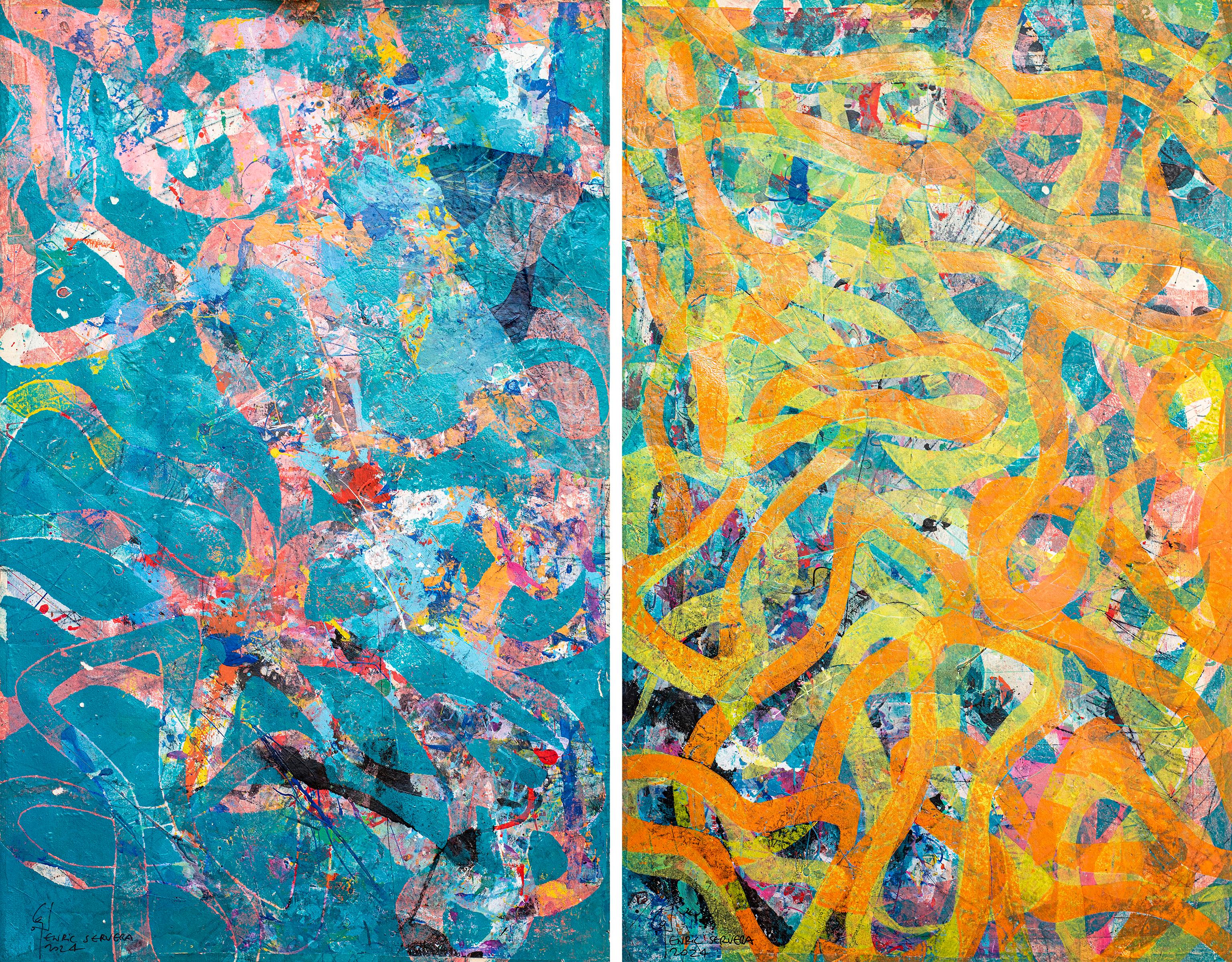 Arancione e blu, dittico astratto di paesaggio marino, monotipo unico, carta, forma di pesce in vendita 4