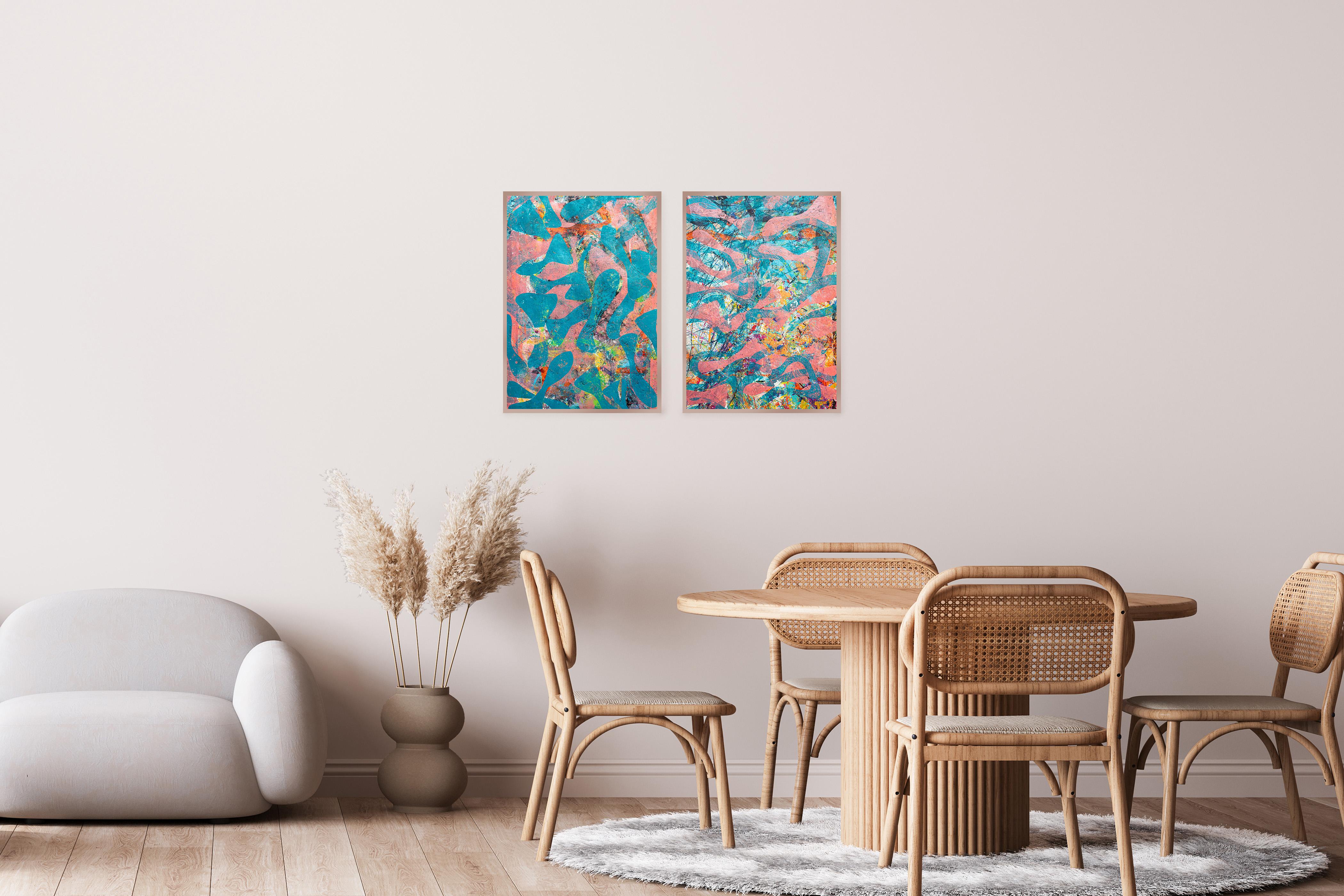 Díptico marino rosa y azul, Pintura monotipo única de motivos de peces, Art Brut - Painting de Enric Servera