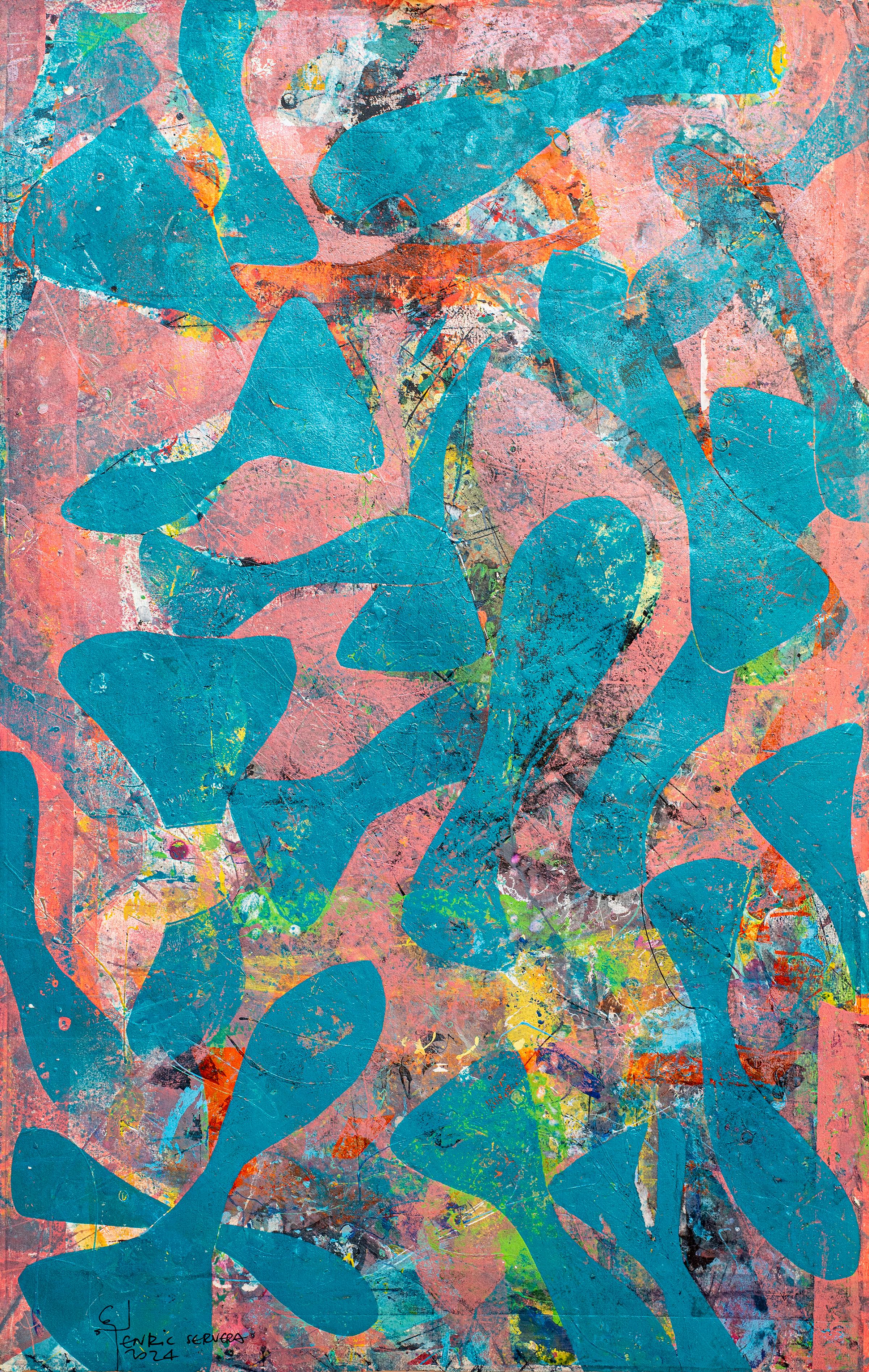 Díptico marino rosa y azul, Pintura monotipo única de motivos de peces, Art Brut - Painting Expresionismo abstracto de Enric Servera