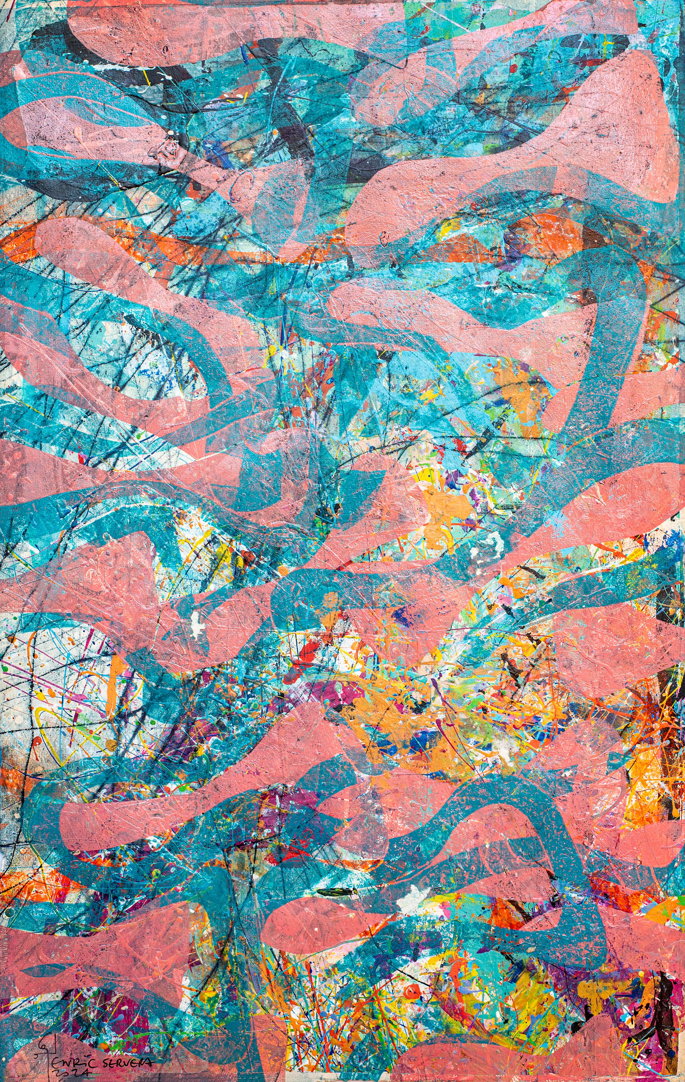 Díptico marino rosa y azul, Pintura monotipo única de motivos de peces, Art Brut - Animal Painting Marrón de Enric Servera