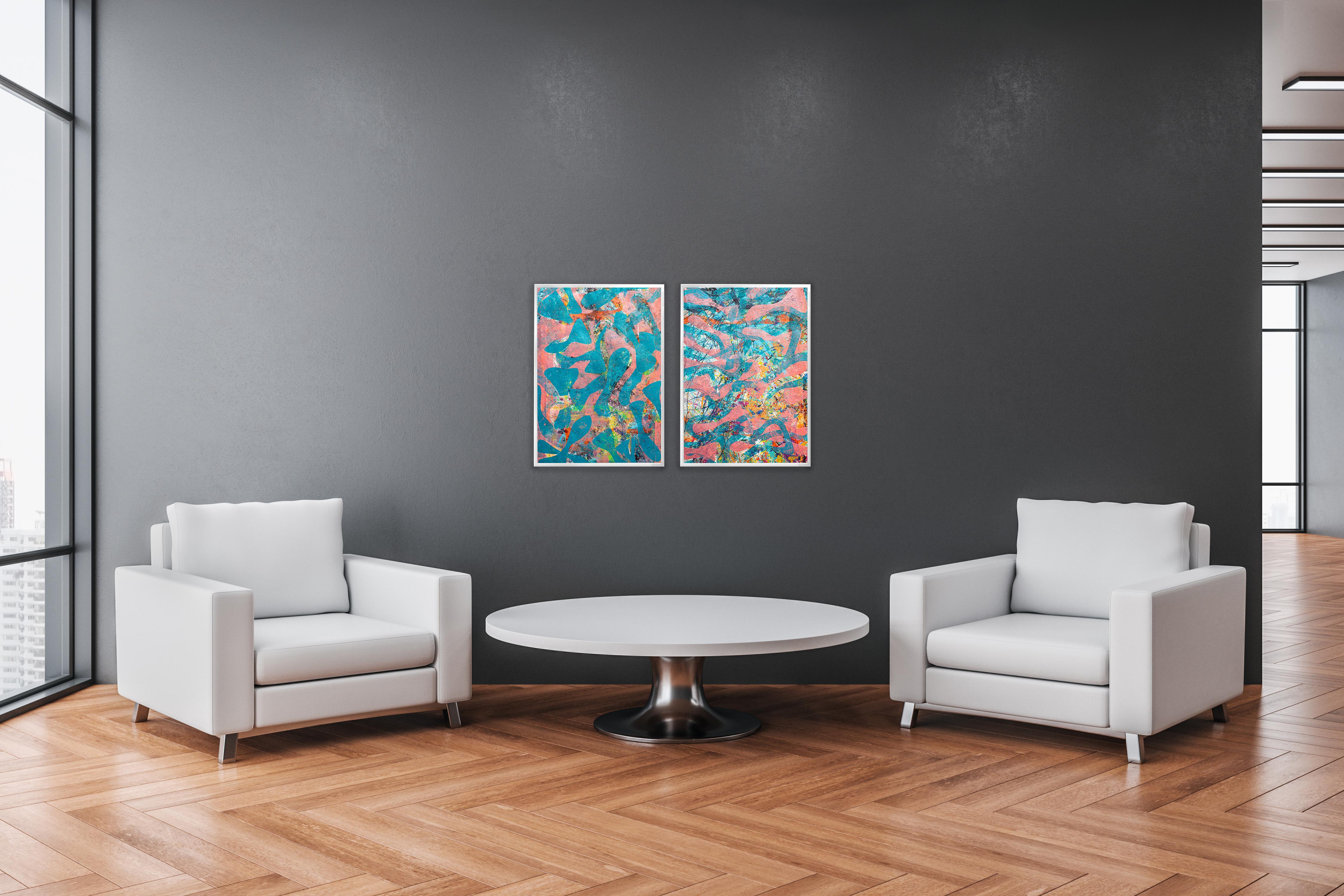 Díptico marino rosa y azul, Pintura monotipo única de motivos de peces, Art Brut en venta 2