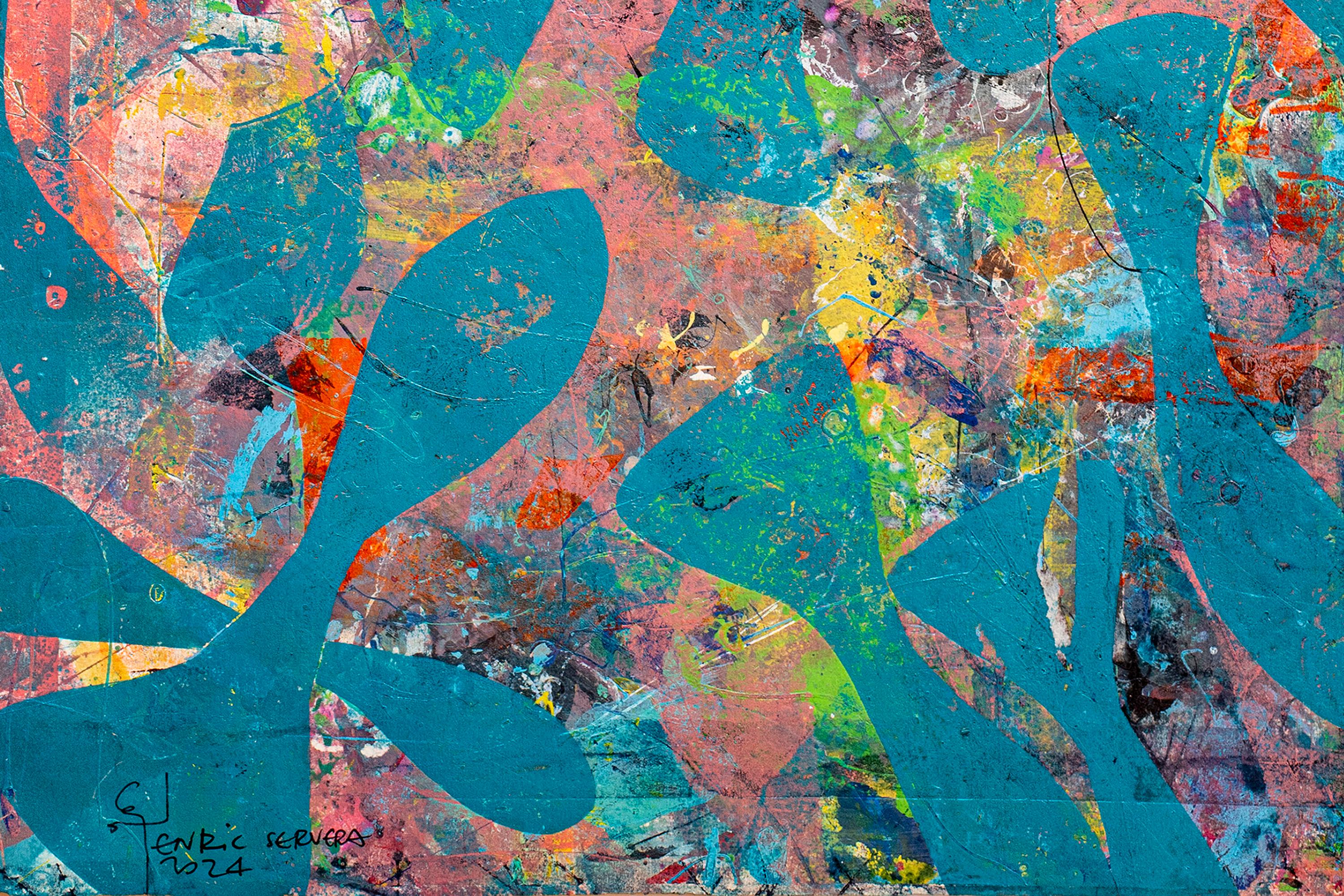 Díptico marino rosa y azul, Pintura monotipo única de motivos de peces, Art Brut en venta 3
