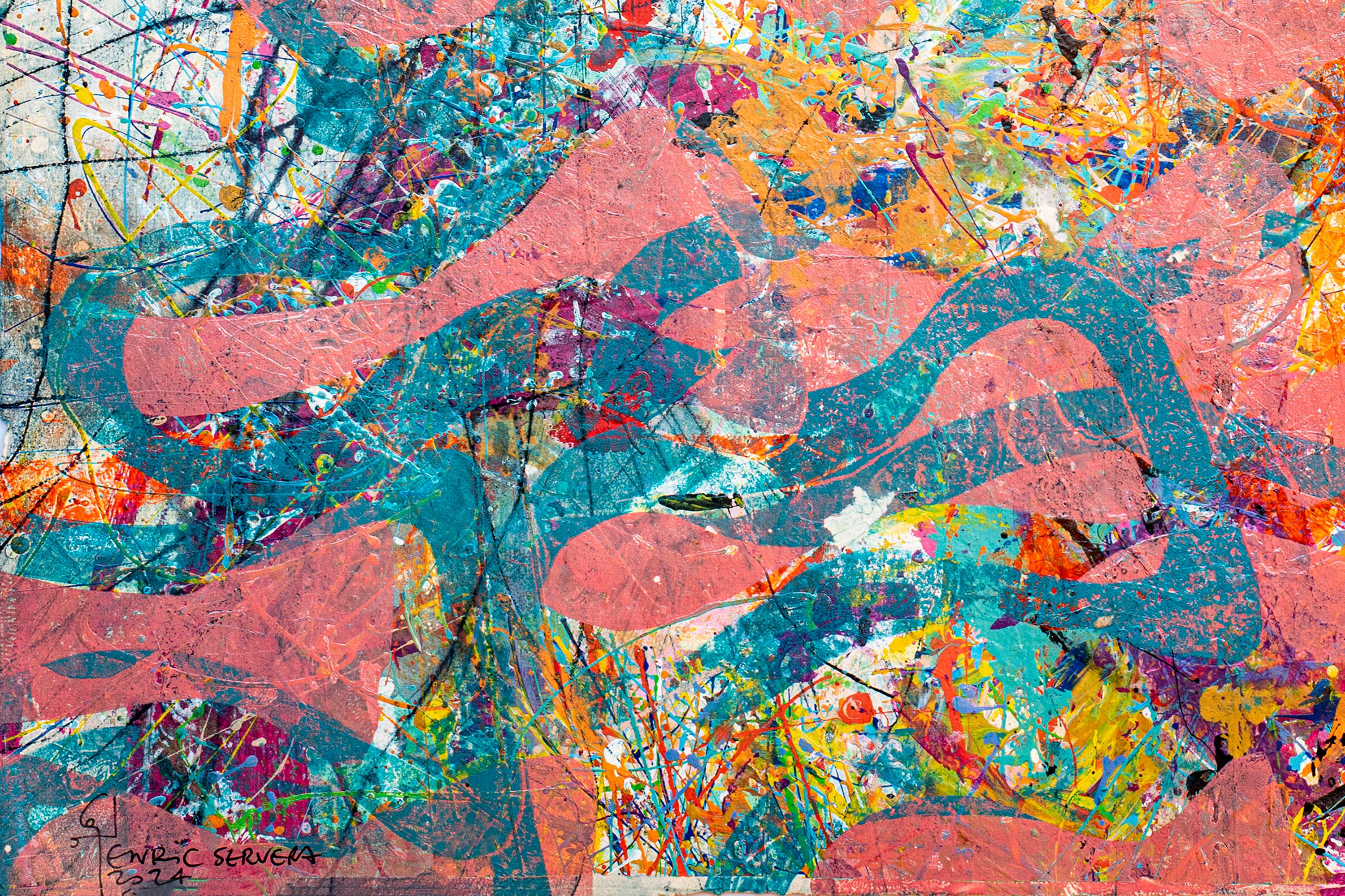 Díptico marino rosa y azul, Pintura monotipo única de motivos de peces, Art Brut en venta 4