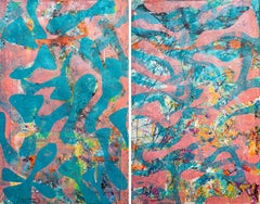 Diptyque des mers roses et bleues, peinture monotype unique de motifs de poissons, Art Brut
