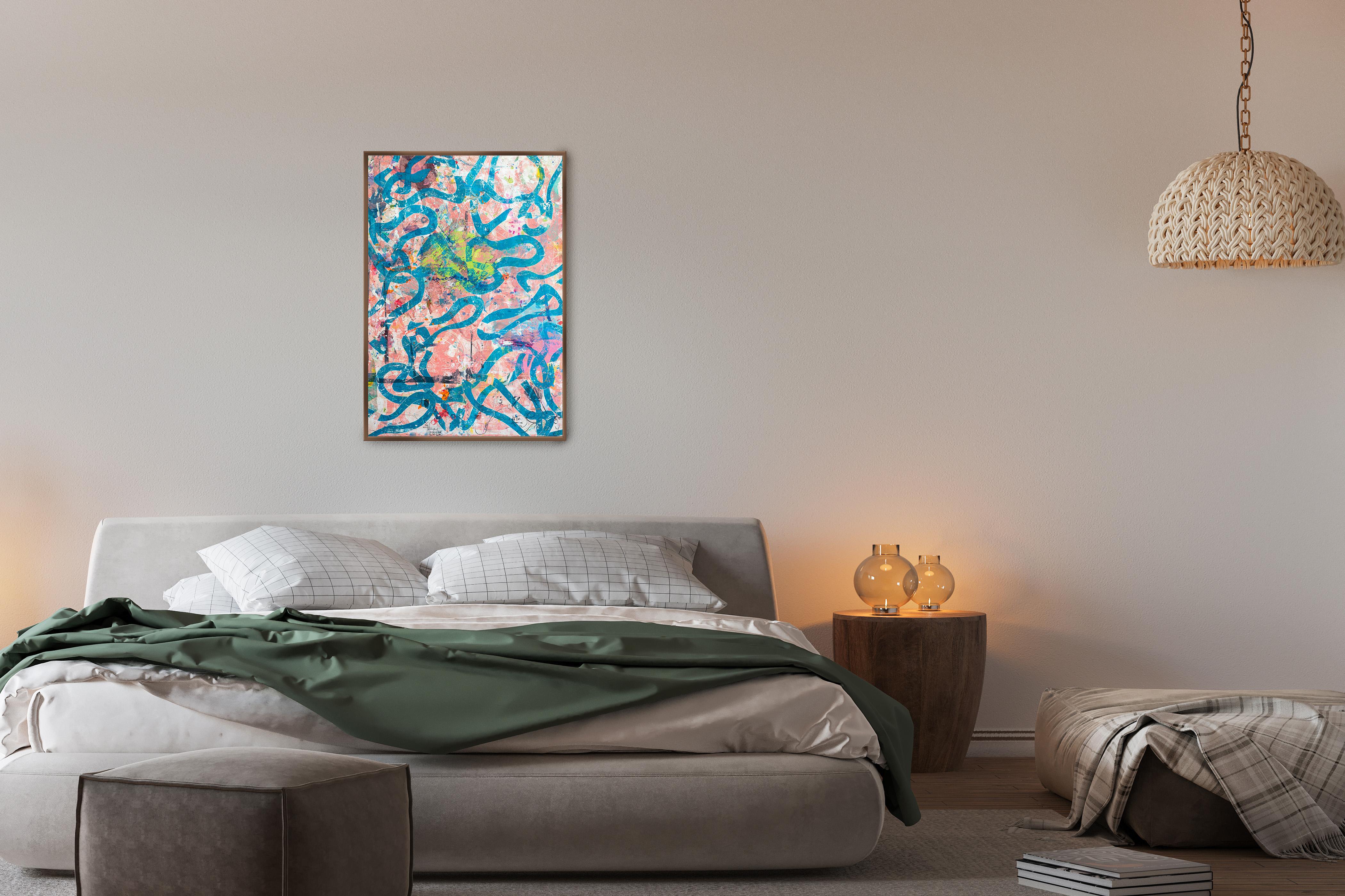 Pink Sea, Monoprinting Mixed Media on Paper, Abstract Fish Patterns Painting For Sale 2