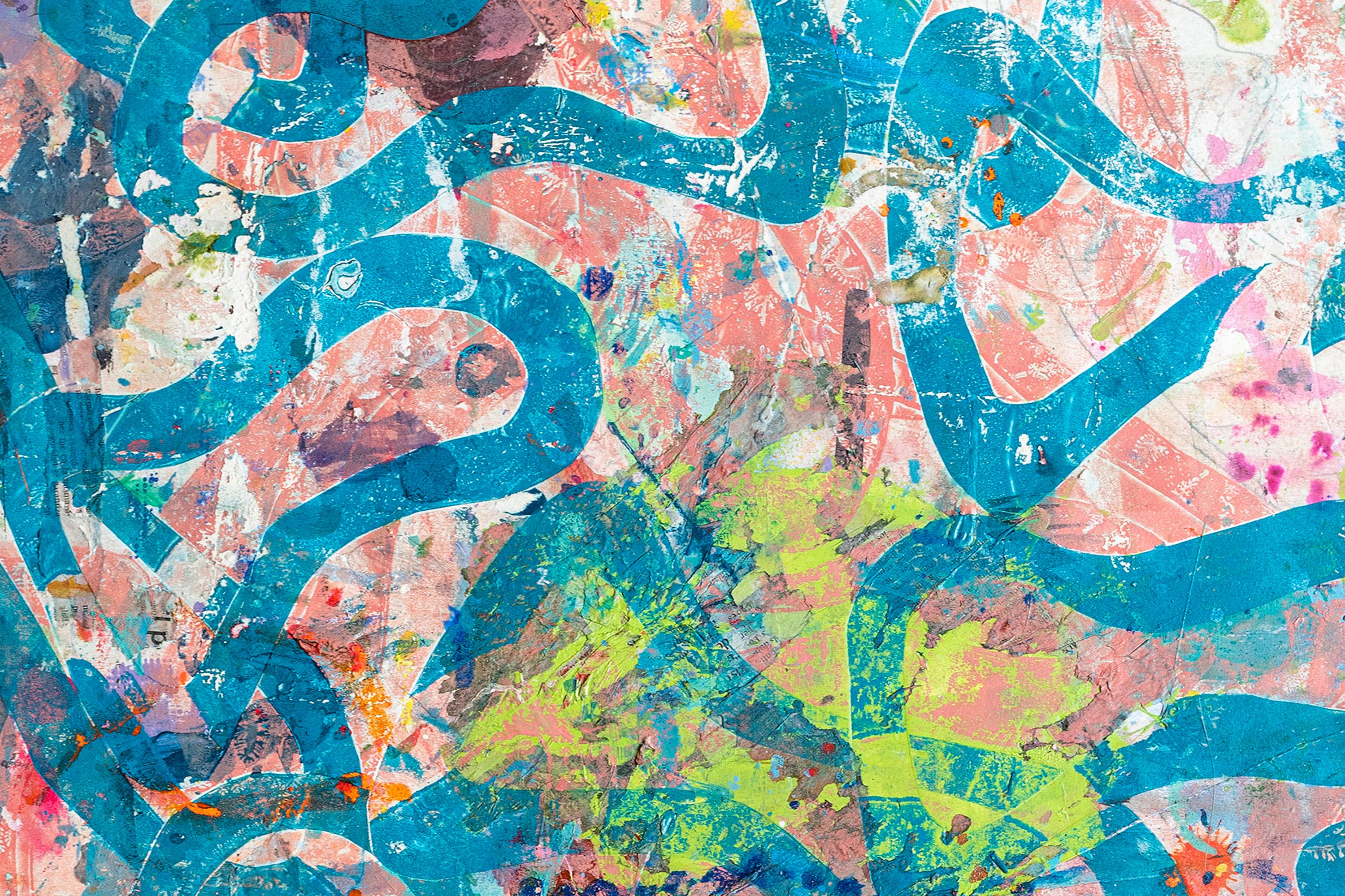 Pink Sea, Monoprinting Mixed Media on Paper, Abstract Fish Patterns Painting For Sale 3