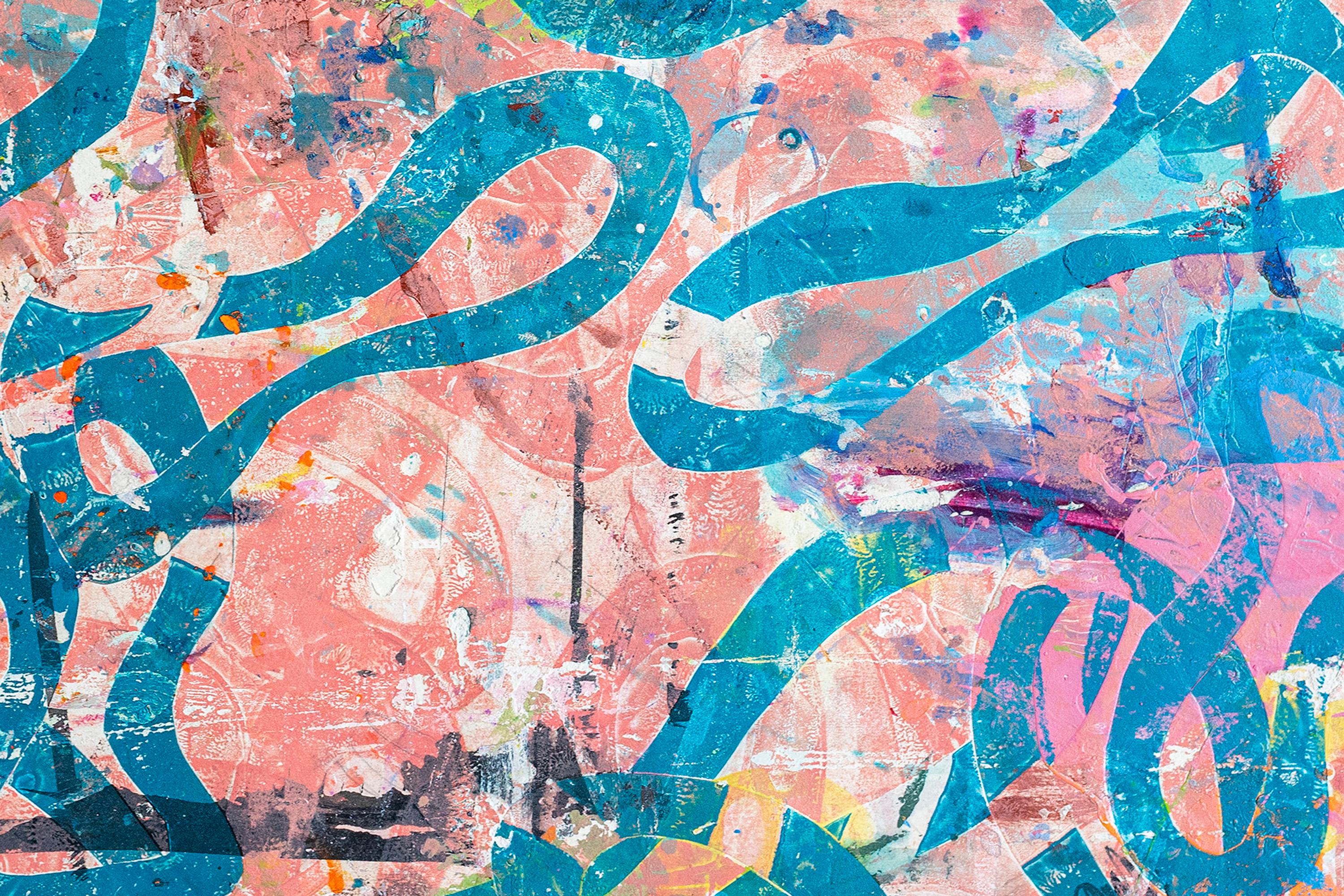 Pink Sea, Monoprinting Mixed Media on Paper, Abstract Fish Patterns Painting For Sale 4