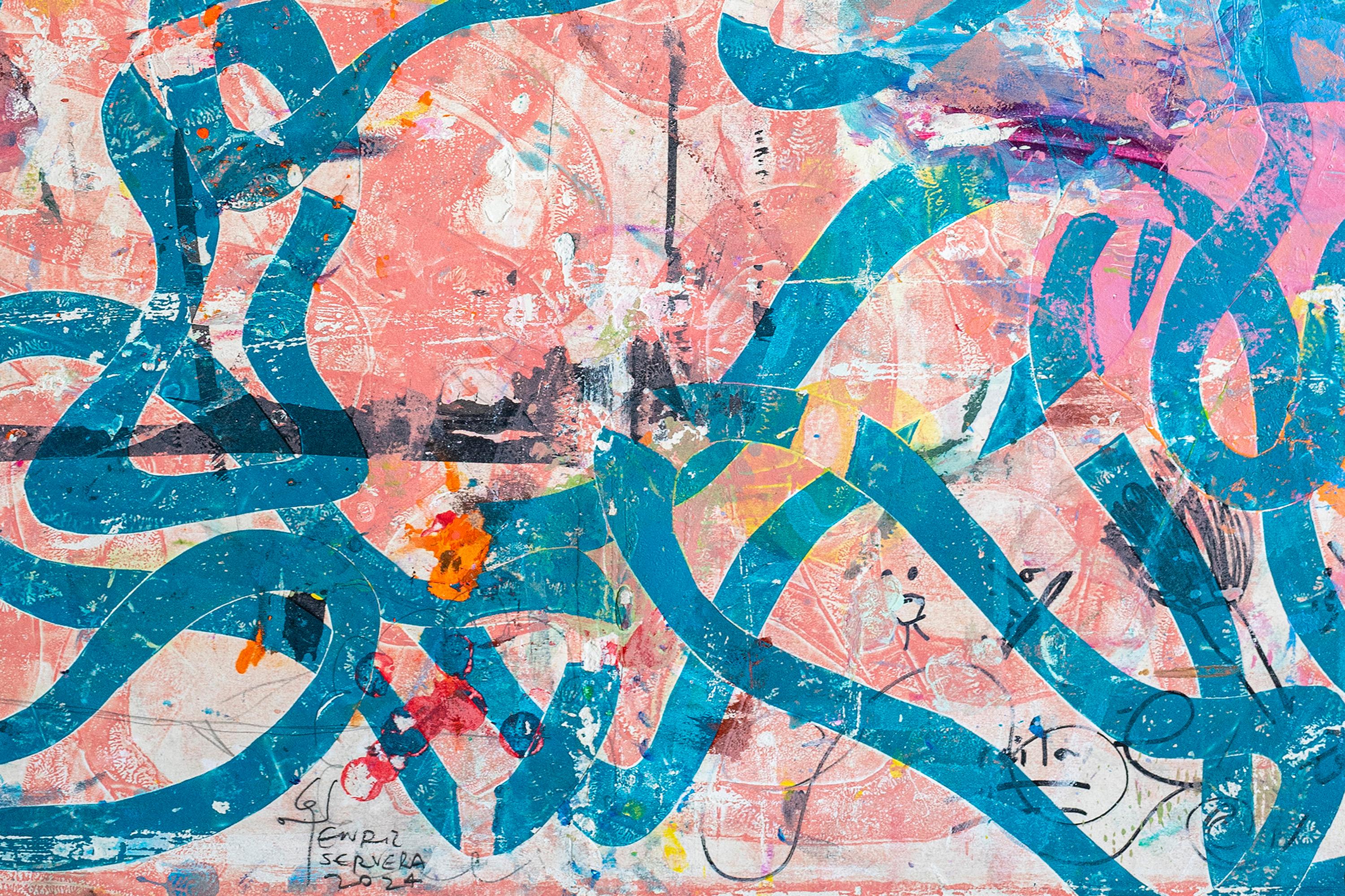 Pink Sea, Monoprinting Mixed Media on Paper, Abstract Fish Patterns Painting For Sale 5