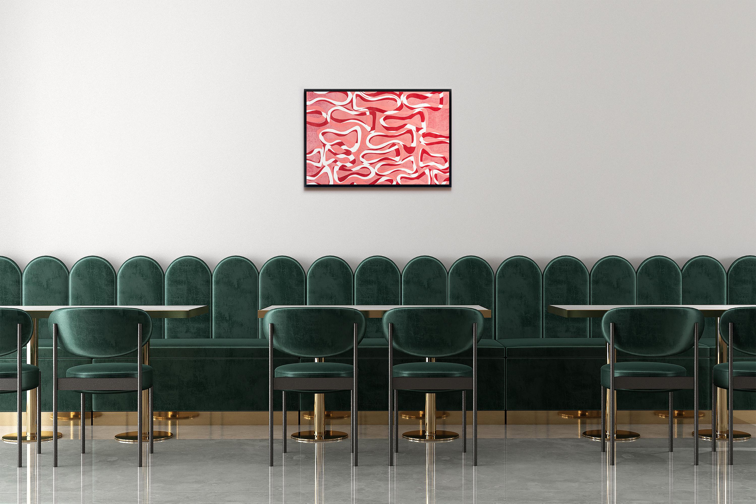 Paesaggio marino rosa, motivi geometrici astratti di pesci in rosso, monostampa su carta - Painting di Enric Servera