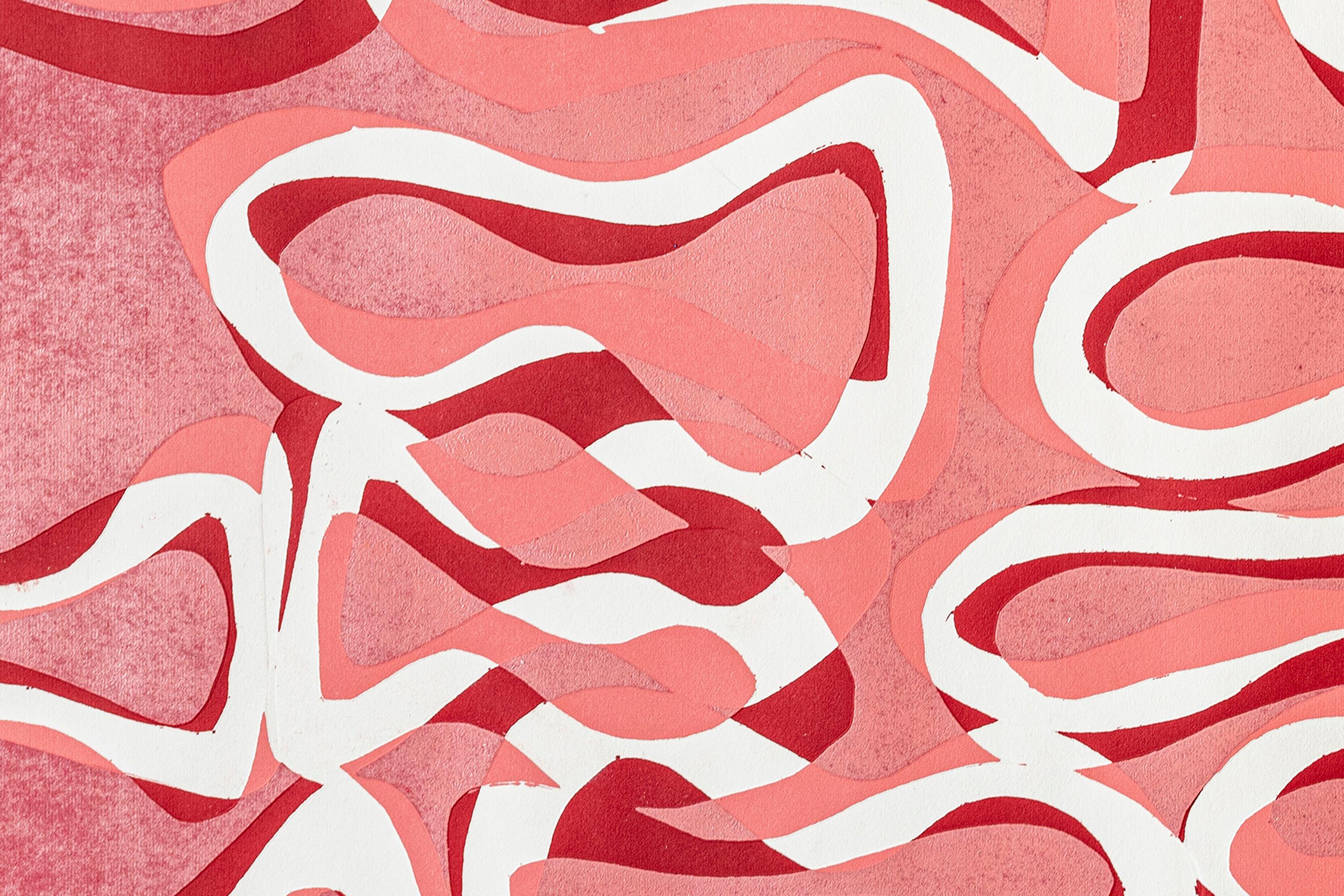 Paesaggio marino rosa, motivi geometrici astratti di pesci in rosso, monostampa su carta - Painting Astratto di Enric Servera