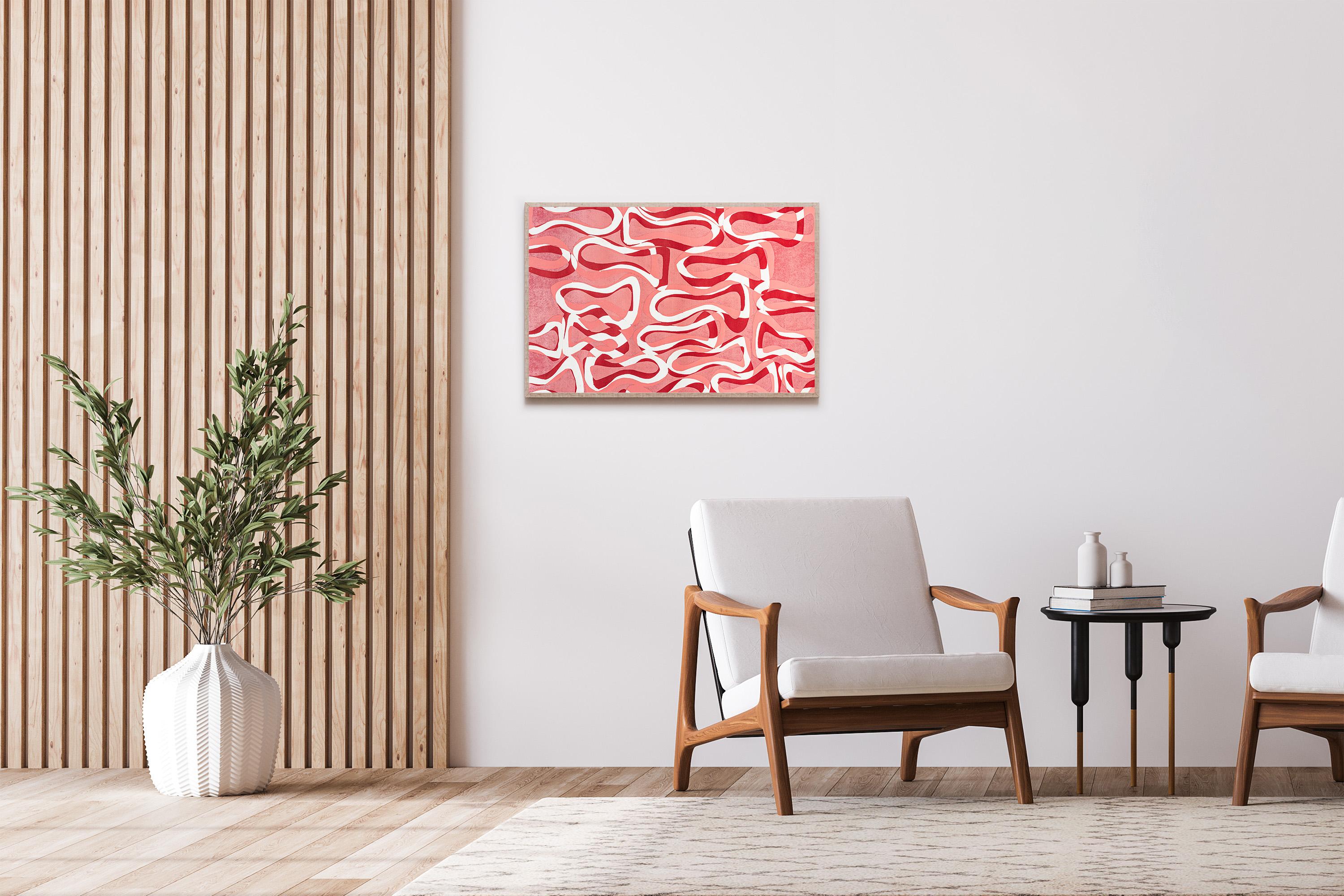 Paesaggio marino rosa, motivi geometrici astratti di pesci in rosso, monostampa su carta - Animal Painting Rosa di Enric Servera