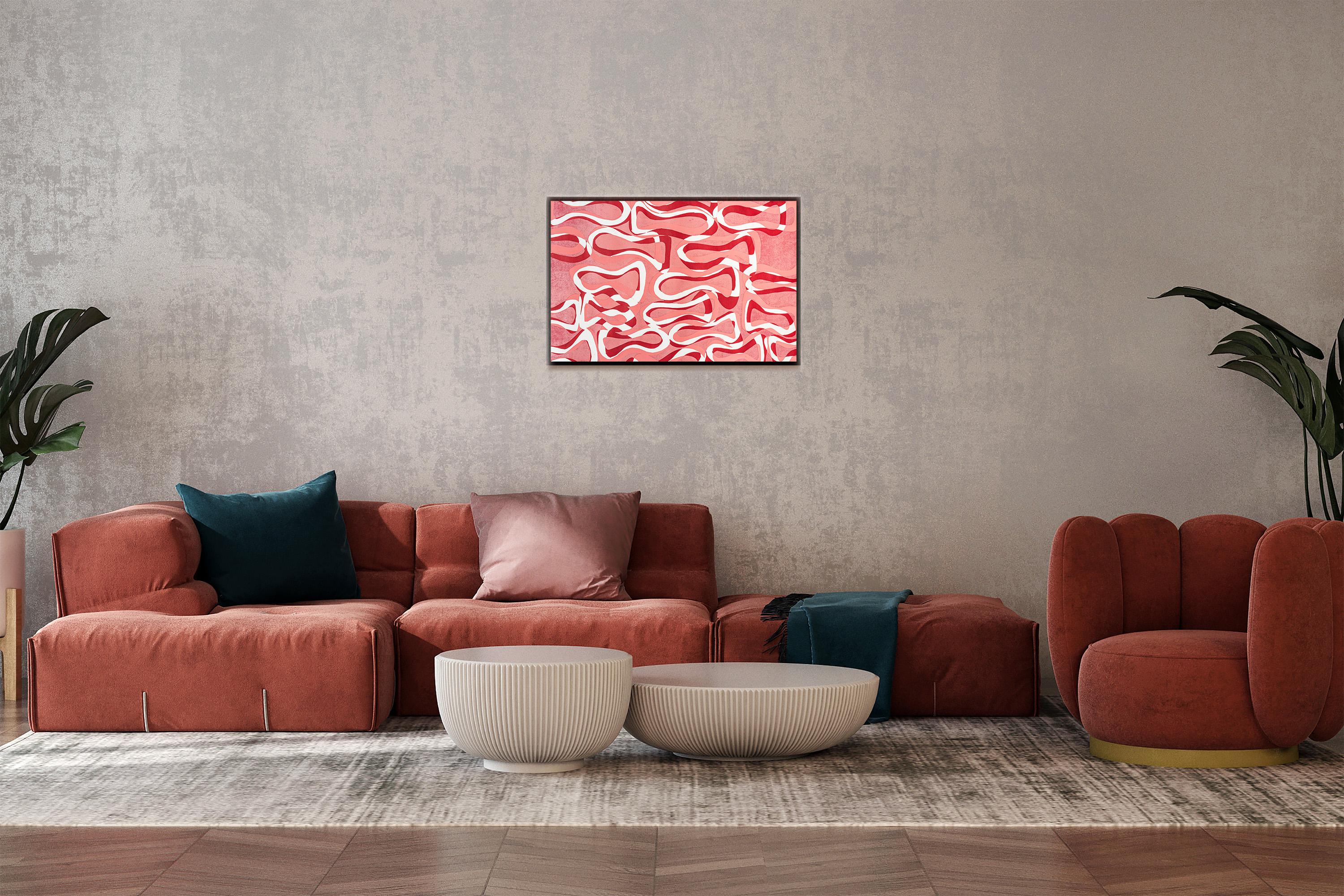 Paesaggio marino rosa, motivi geometrici astratti di pesci in rosso, monostampa su carta in vendita 1