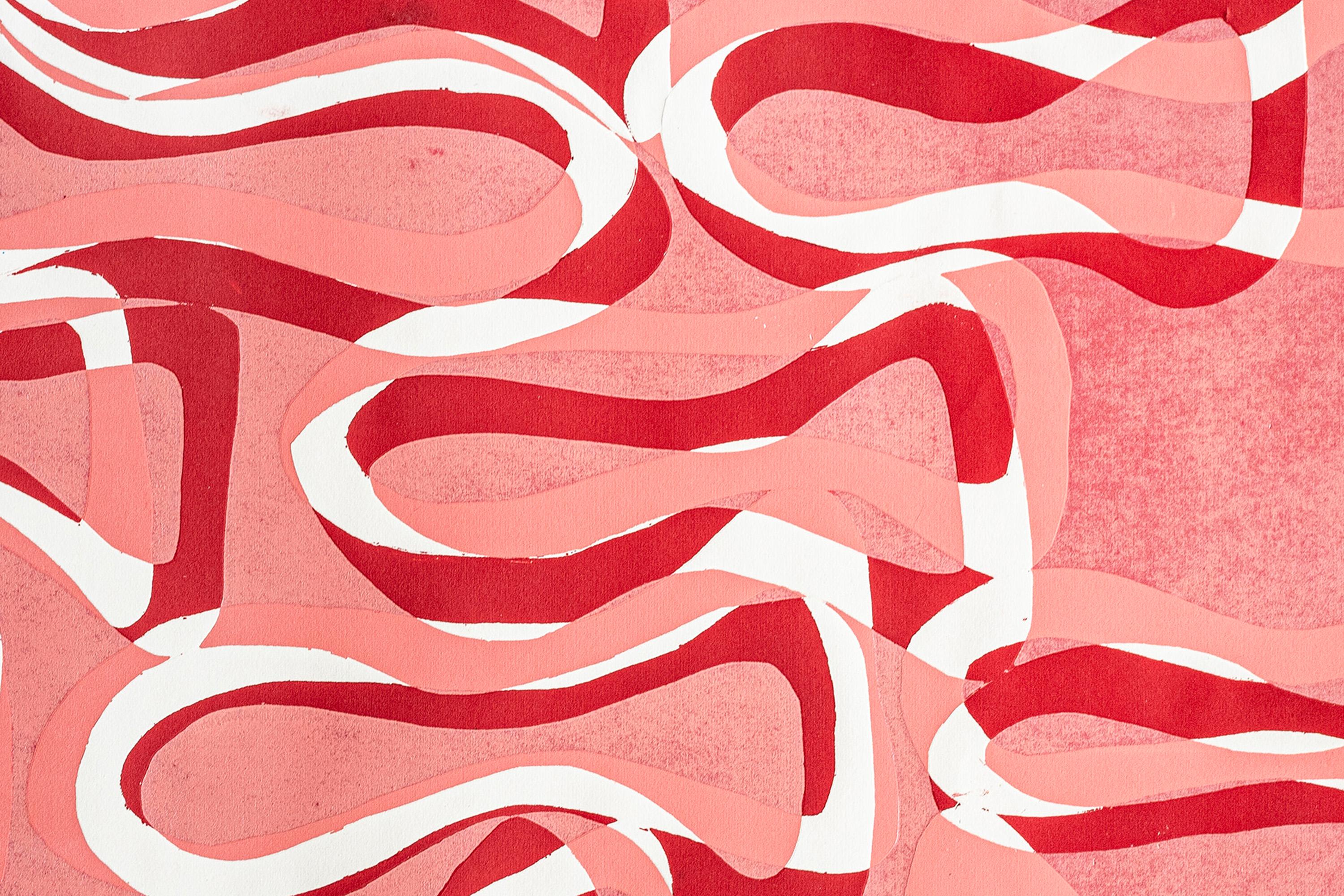 Paesaggio marino rosa, motivi geometrici astratti di pesci in rosso, monostampa su carta in vendita 2