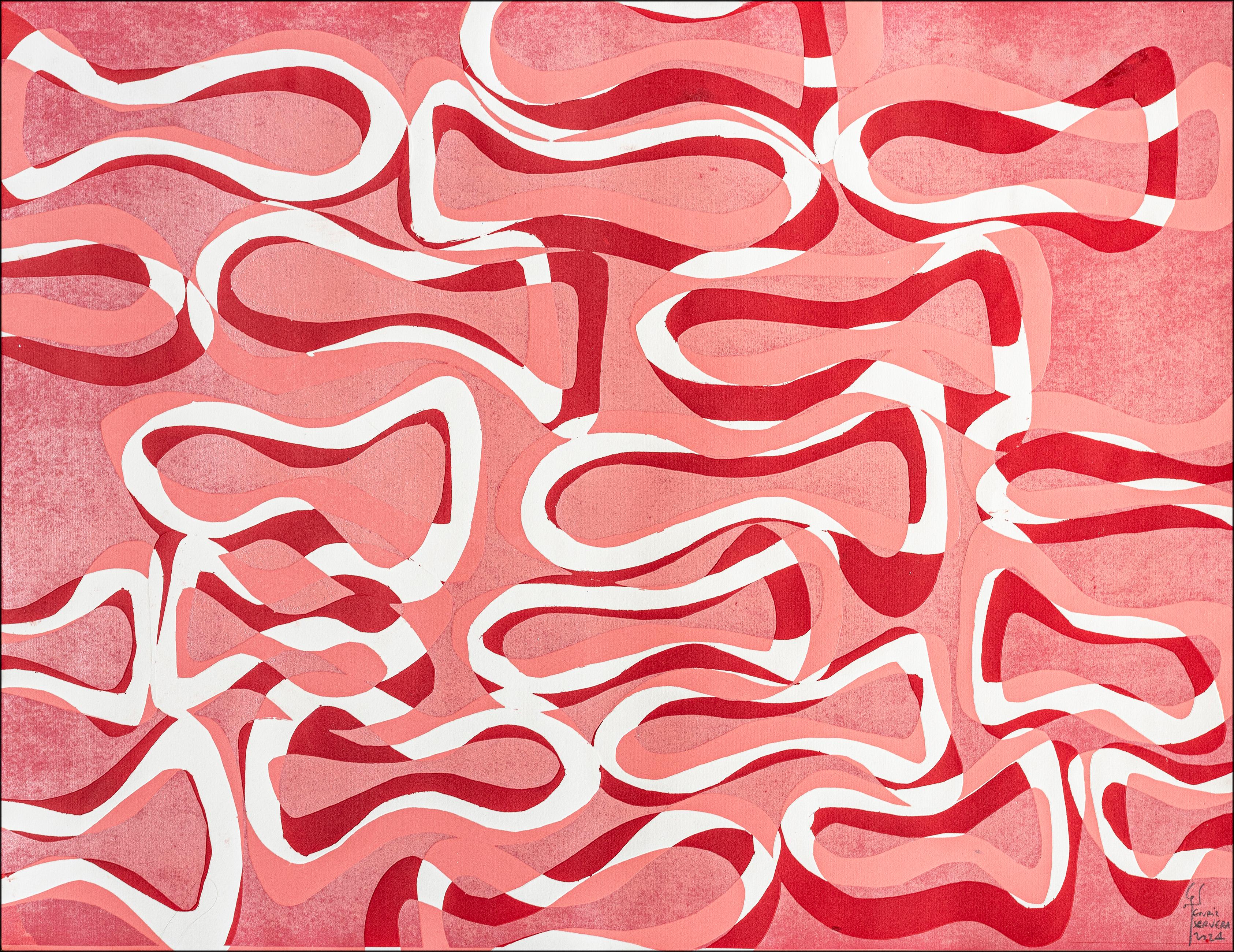 Paisaje marino rosa, motivos geométricos abstractos de peces en rojo, monocopia sobre papel
