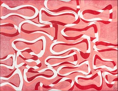 Paisaje marino rosa, motivos geométricos abstractos de peces en rojo, monocopia sobre papel