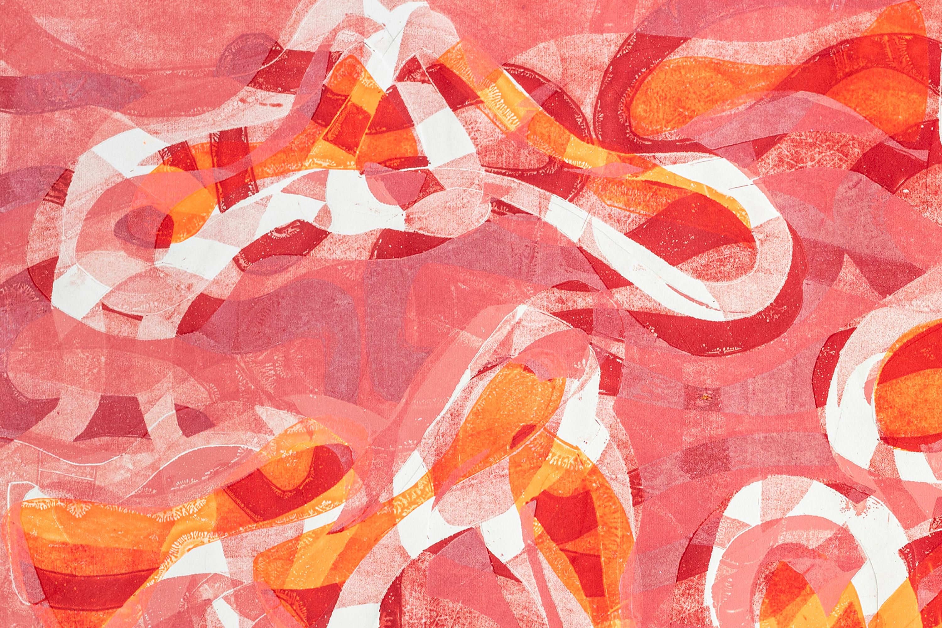 Paesaggio marino rosa, motivi geometrici astratti di pesci arancioni, monostampa su carta - Painting Astratto di Enric Servera