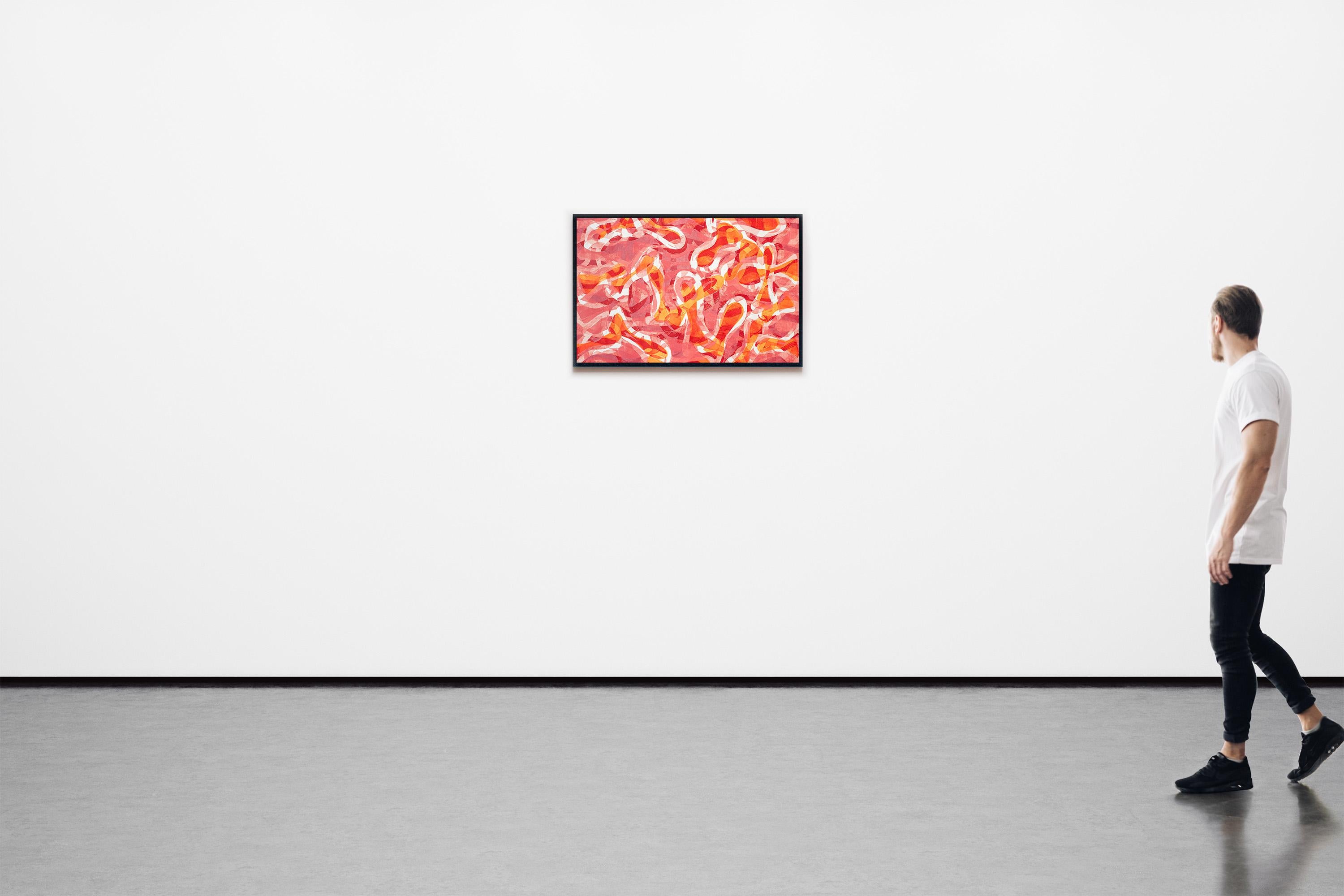Paesaggio marino rosa, motivi geometrici astratti di pesci arancioni, monostampa su carta - Animal Painting Arancia di Enric Servera