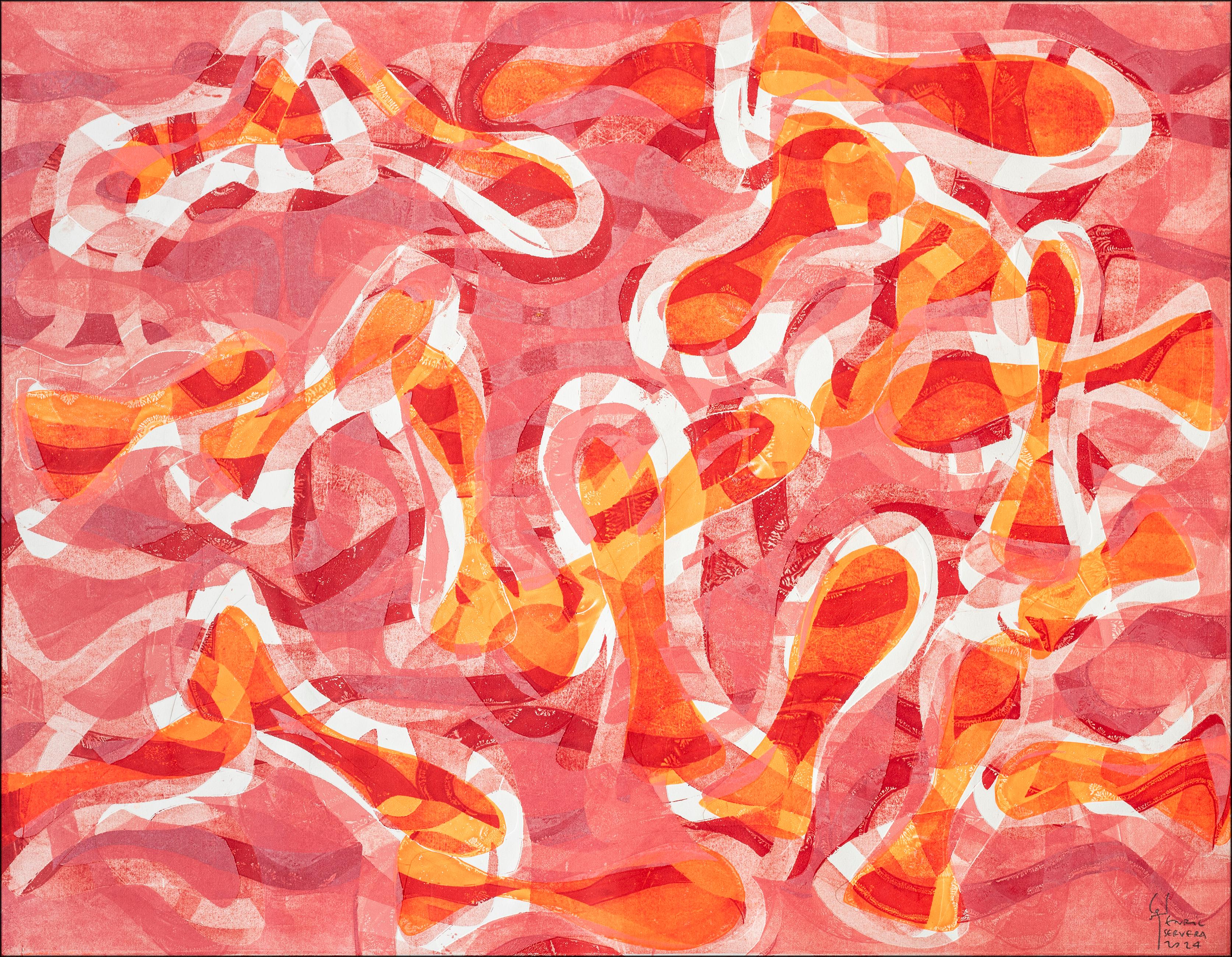 Paisaje marino rosa, patrones geométricos abstractos de peces naranjas, monocopia sobre papel