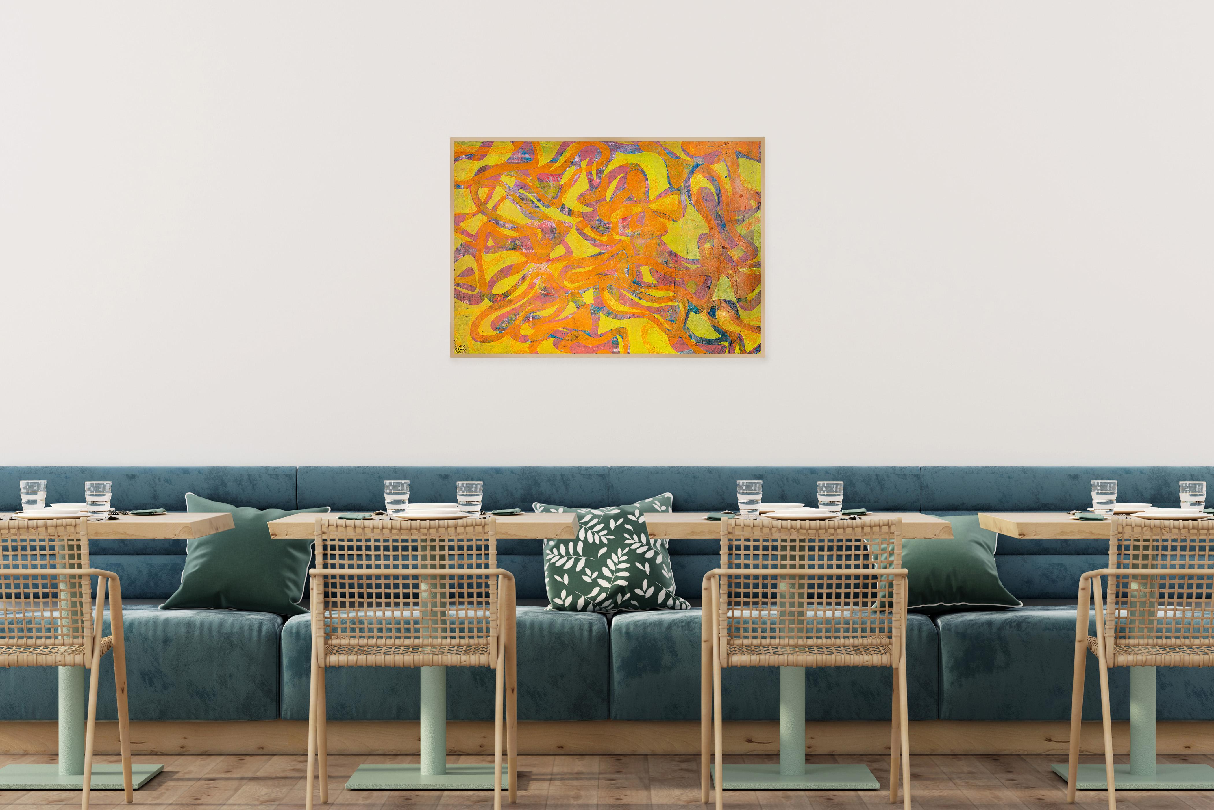 Mare psichedelico, paesaggio marino dai toni gialli, pittura acrilica monotipo unica, pesci - Animal Painting Giallo di Enric Servera