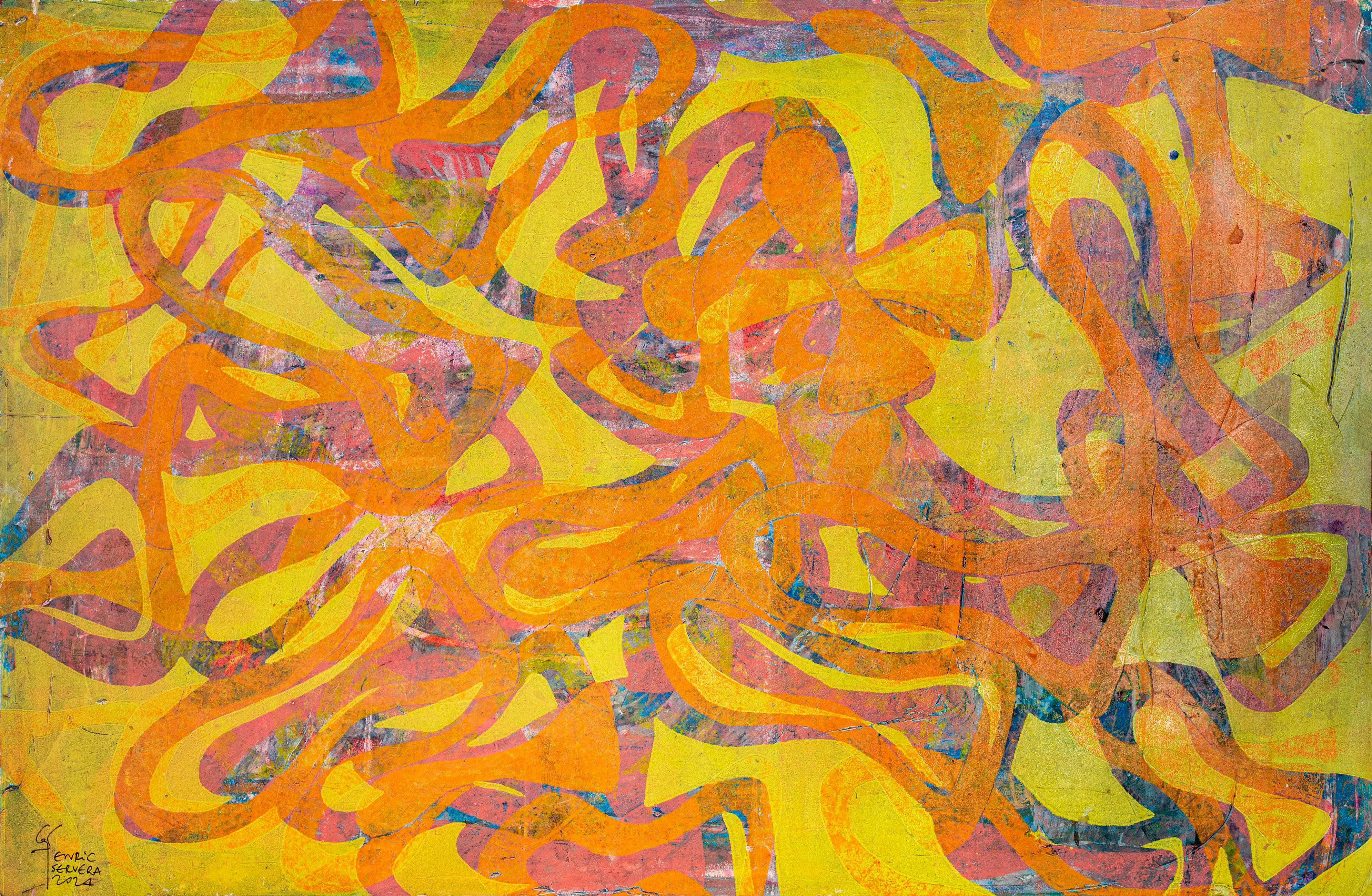 Psychedelic Sea, Yellow Tones Seascape, Unique Monotype Acrylic Painting, Fish