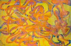 Psychedelic Sea, Yellow Tones Seascape, Unique Monotype Acrylic Painting, Fish