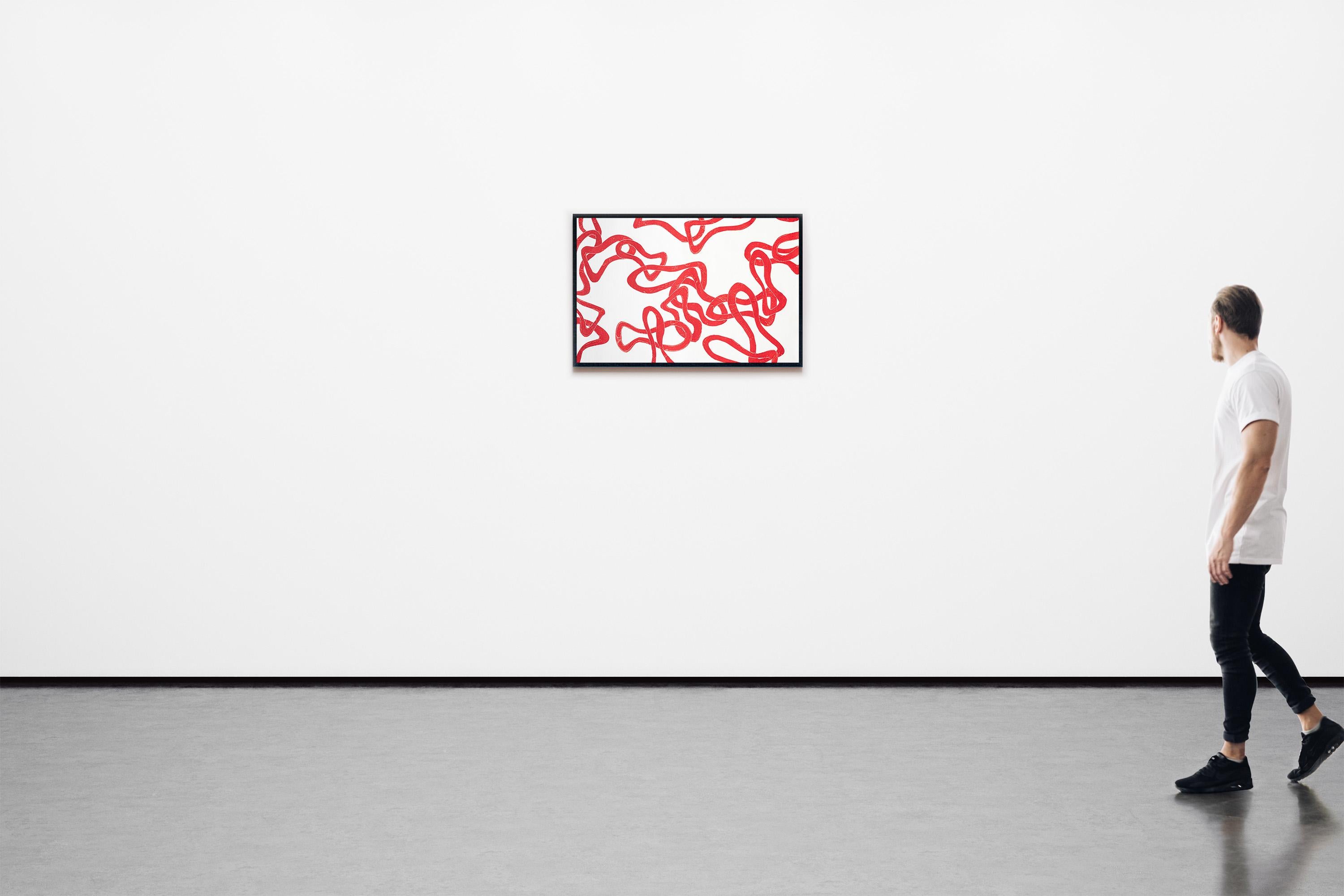 Paesaggio marino rosso, motivi geometrici astratti di pesci, monostampa su carta di stracci, 2024 - Abstract Painting Grigio di Enric Servera