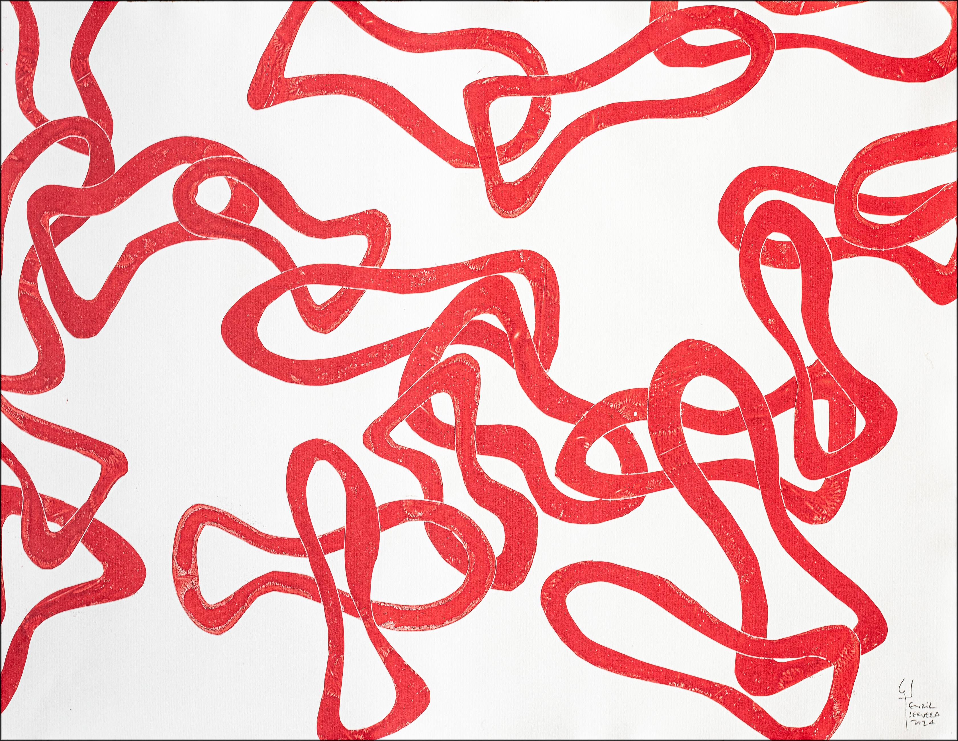 Paisaje marino rojo, motivos geométricos abstractos de peces, monocopia sobre papel de trapo, 2024
