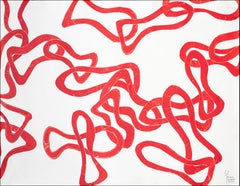 Paisaje marino rojo, motivos geométricos abstractos de peces, monocopia sobre papel de trapo, 2024