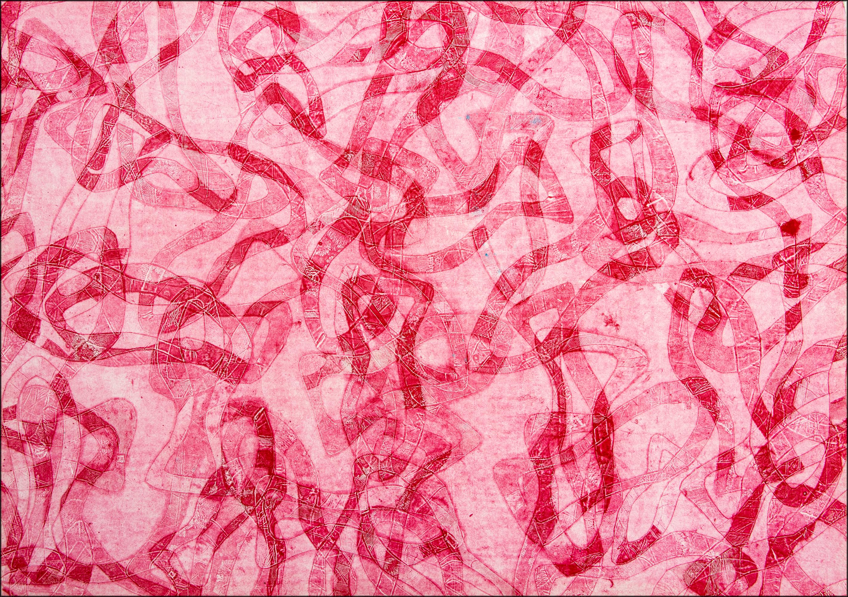 Enric Servera Animal Painting - Red Tones, Abstract Figurative Painting of Red Sea Fishes Patterns on Paper 