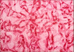 Abstraktes figuratives Gemälde mit roten Tönen und roten Meeresfischenmustern auf Papier 