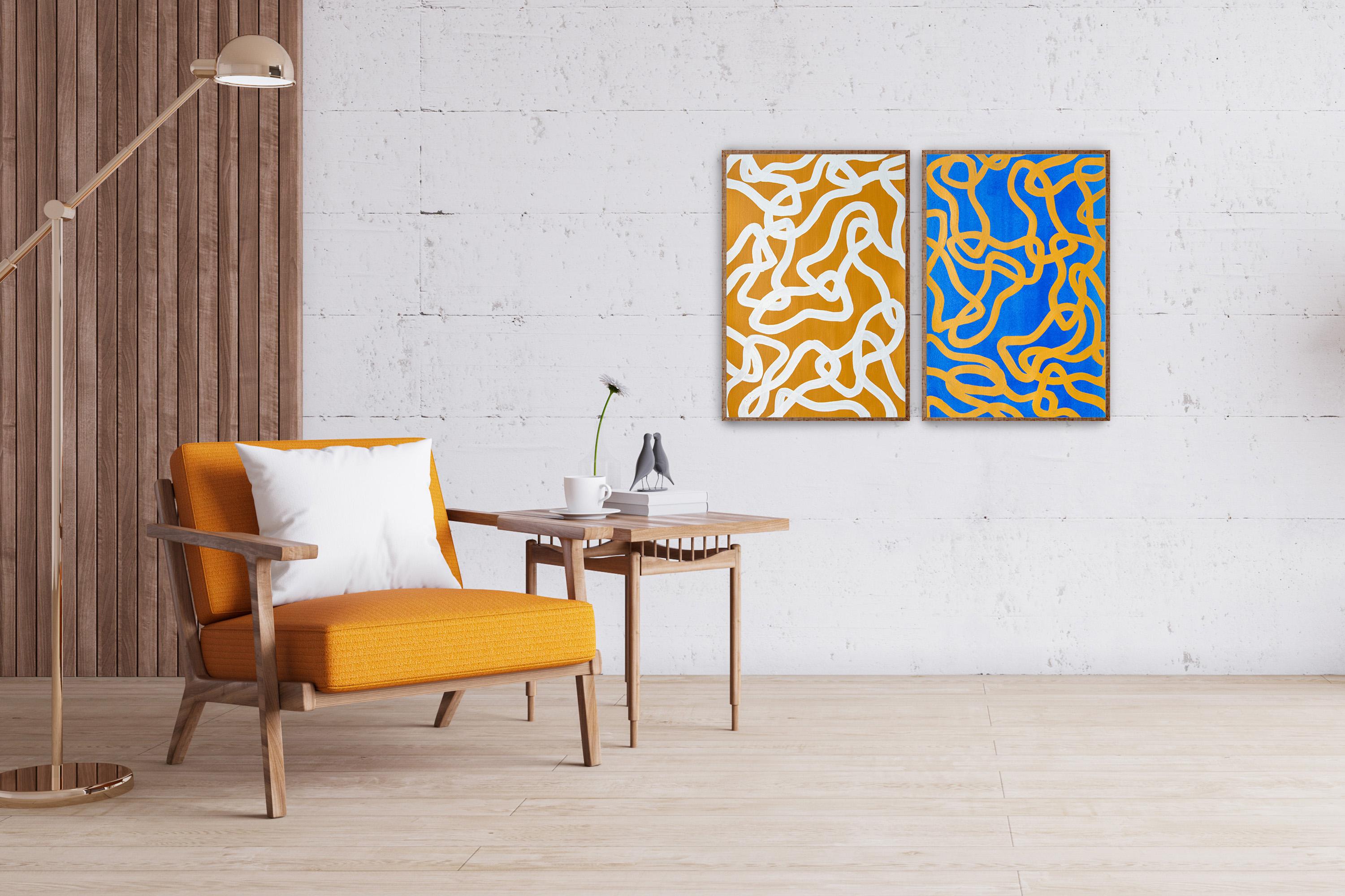 Salty N 2 & 4, Yellow, Blue Diptych, Overlapping Abstract Fishes, Mediterranean - Painting by Enric Servera