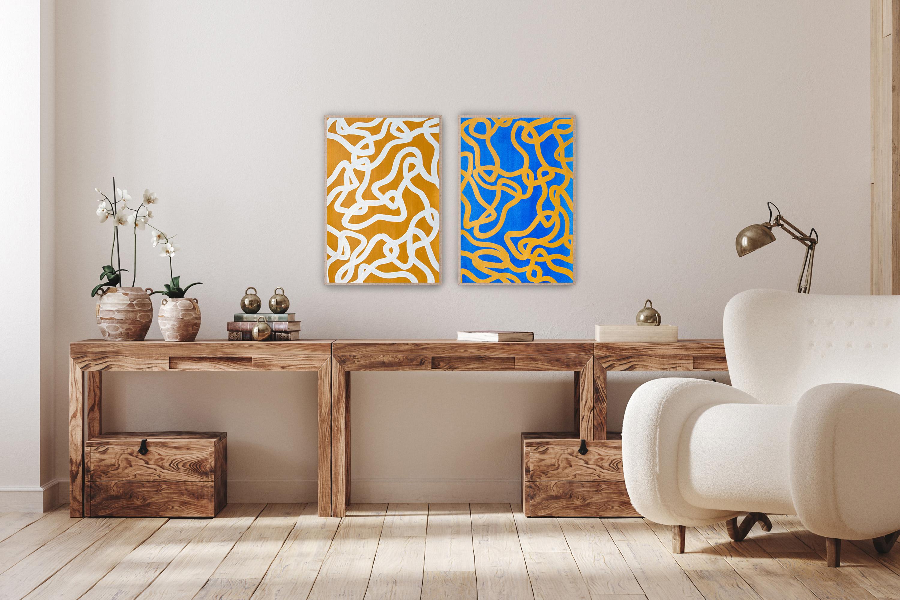 Salty N 2 & 4, Diptyque jaune et bleu, poissons abstraits superposés, méditerranéen - Abstrait Painting par Enric Servera