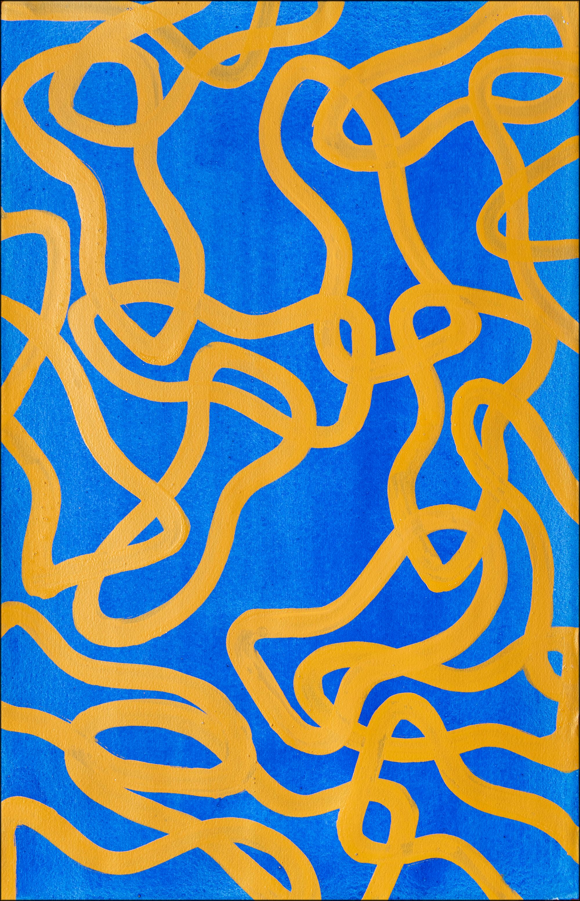 Salty N 2 & 4, Diptyque jaune et bleu, poissons abstraits superposés, méditerranéen en vente 1