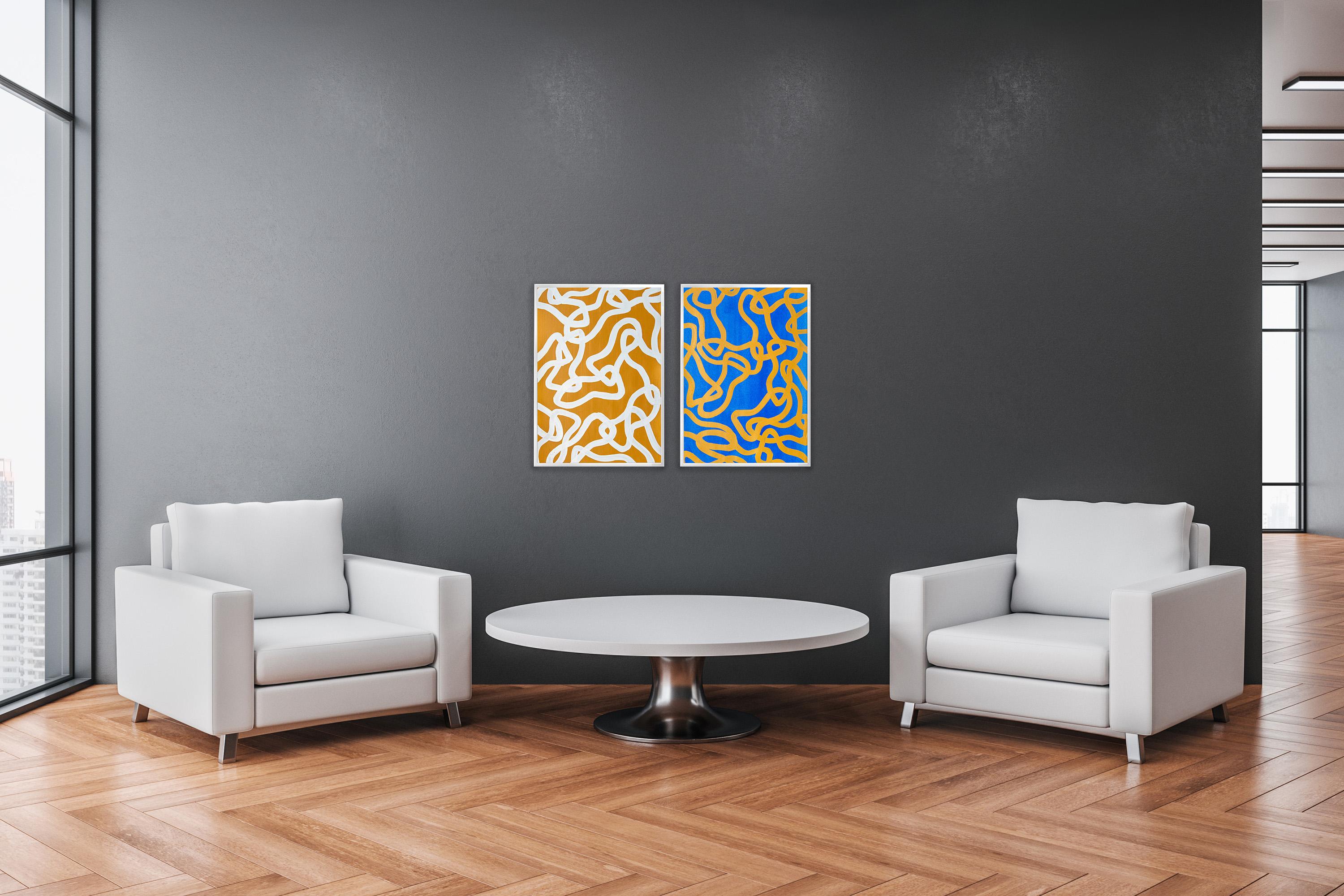 Salty N 2 & 4, Yellow, Blue Diptych, Overlapping Abstract Fishes, Mediterranean For Sale 4