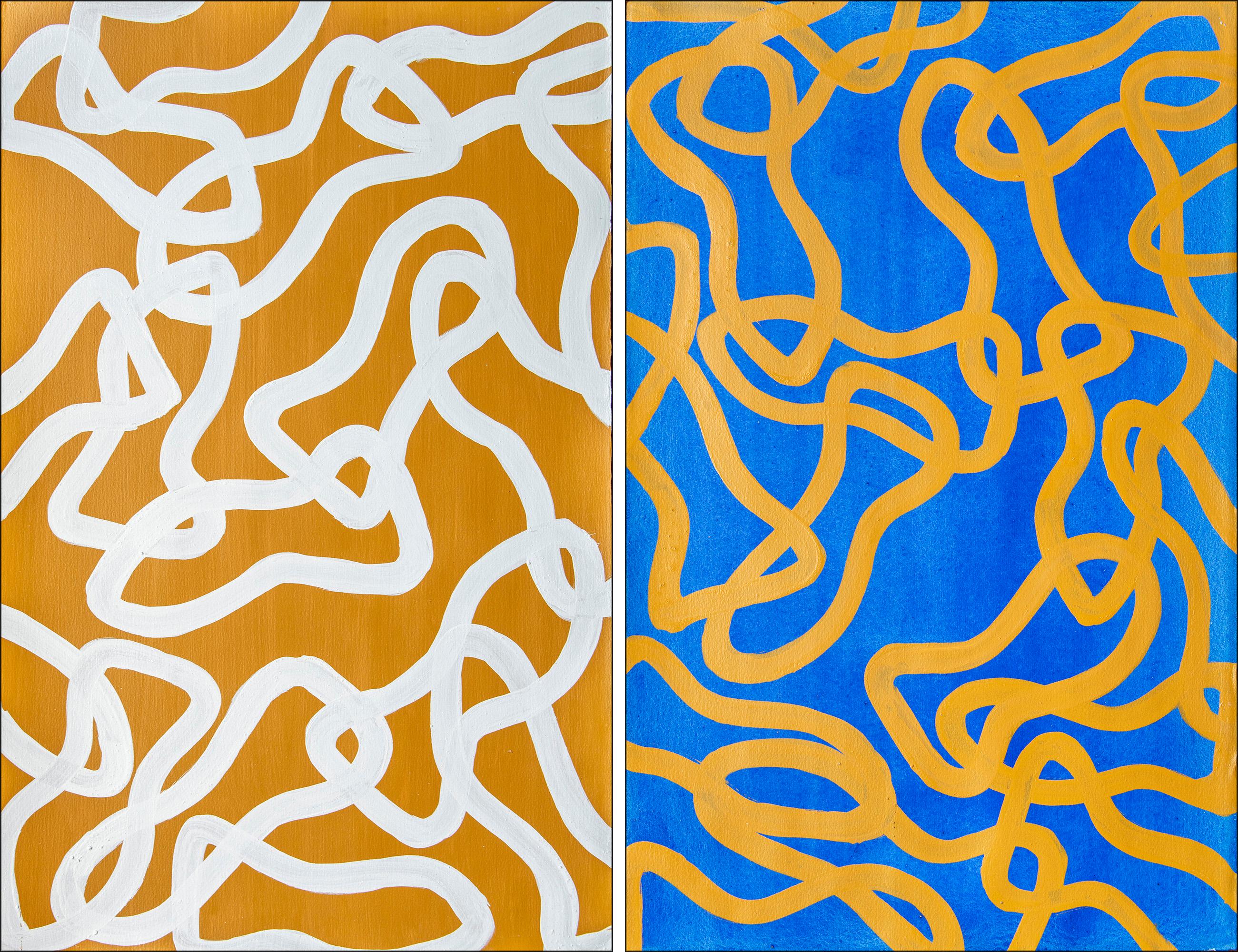 Enric Servera Animal Painting - Salty N 2 & 4, Yellow, Blue Diptych, Overlapping Abstract Fishes, Mediterranean