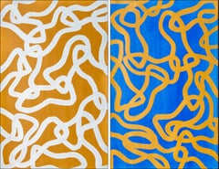 Salty N 2 & 4, Yellow, Blue Diptych, Overlapping Abstract Fishes, Mediterranean
