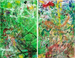 Sea Grass, Abstract Expressionist Painting Diptych in Green, Gestual Landscape