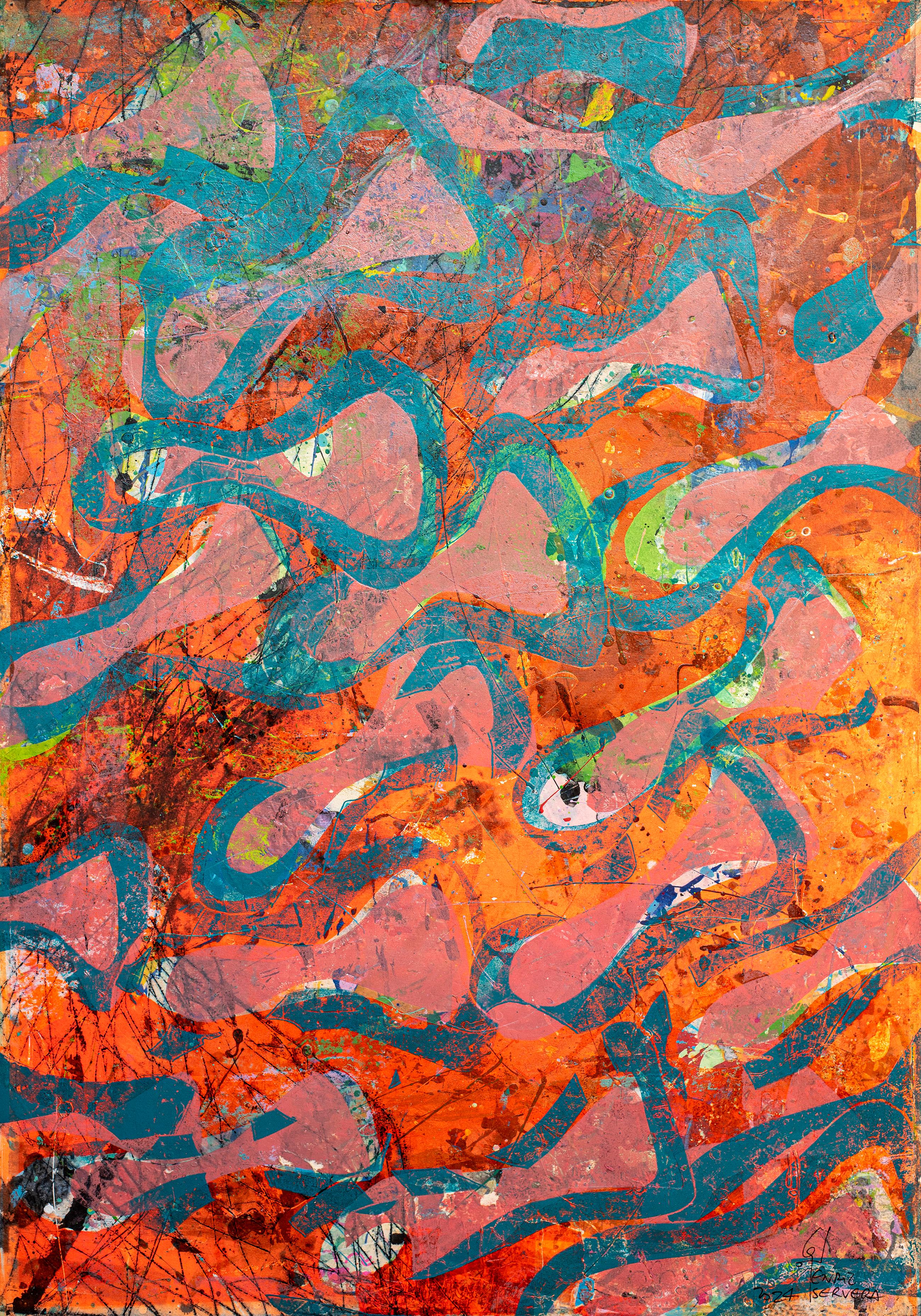 Enric Servera Abstract Painting - Sea in Orange, School of Fish in Turquoise, Abstract Patterns Seascape, Paper