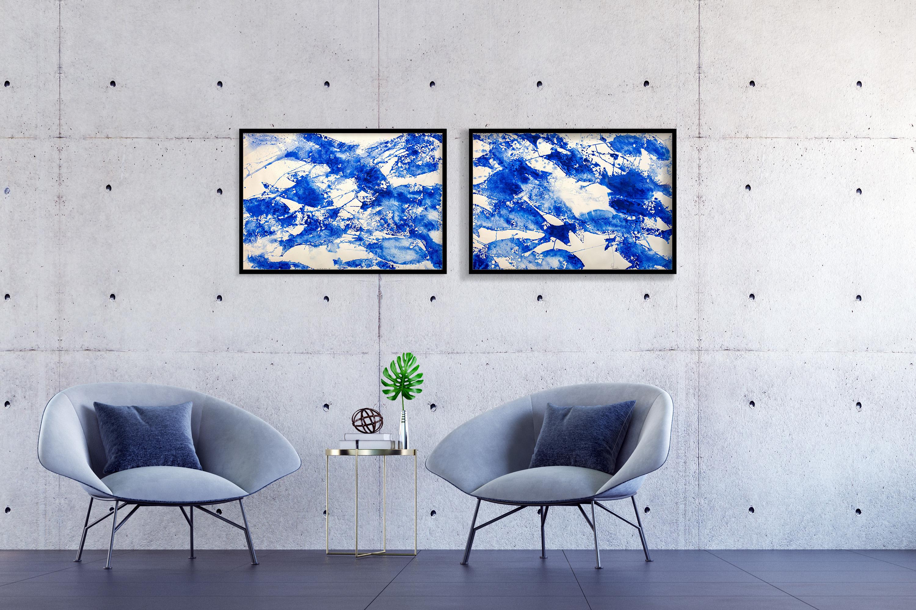 Sea of Blues Diptych, Abstract Blue & White Fish Patterns, Mediterranean Style  For Sale 2