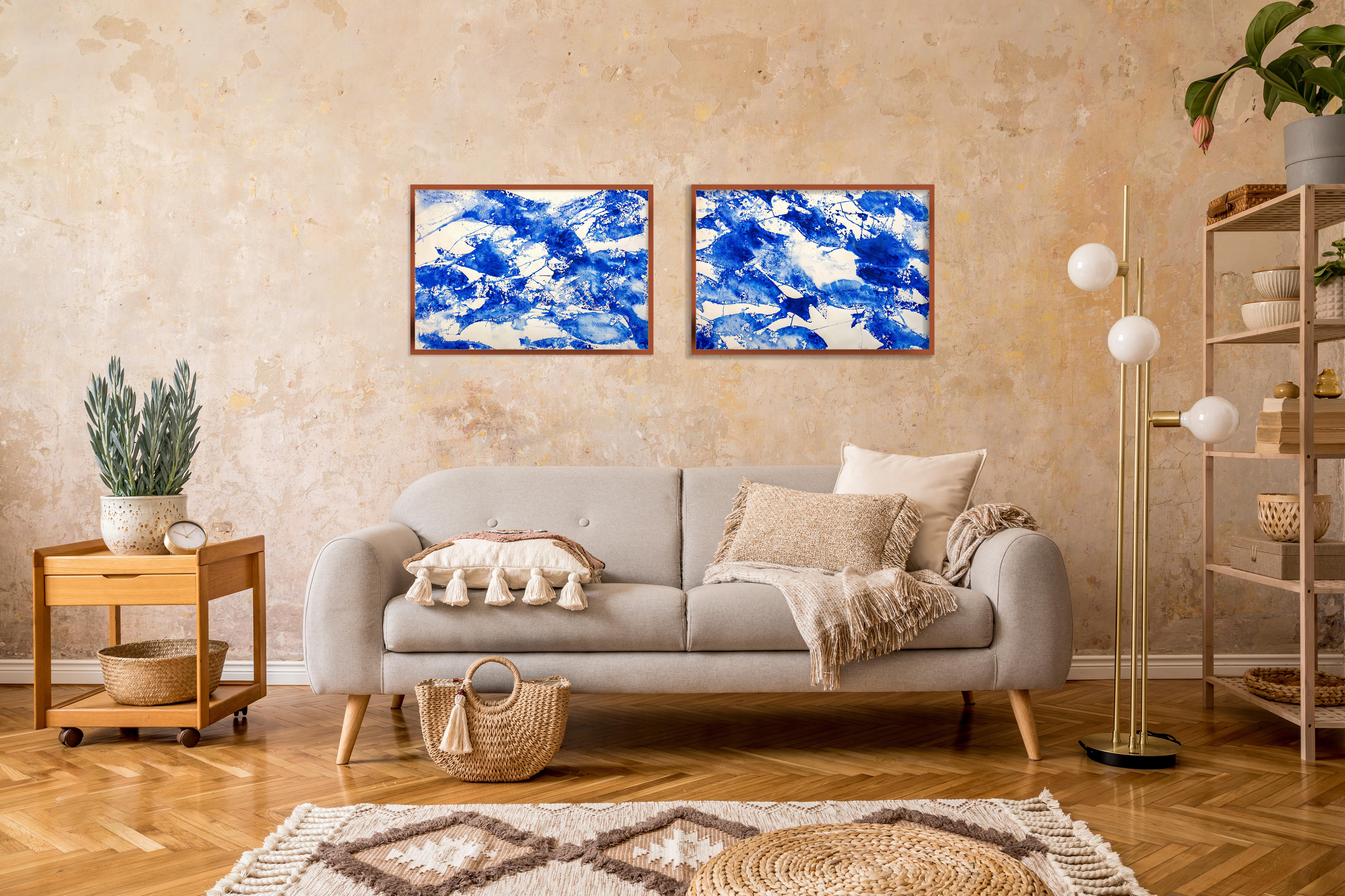 Dittico Mare di Blues, motivi astratti di pesci blu e bianchi, stile mediterraneo in vendita 3