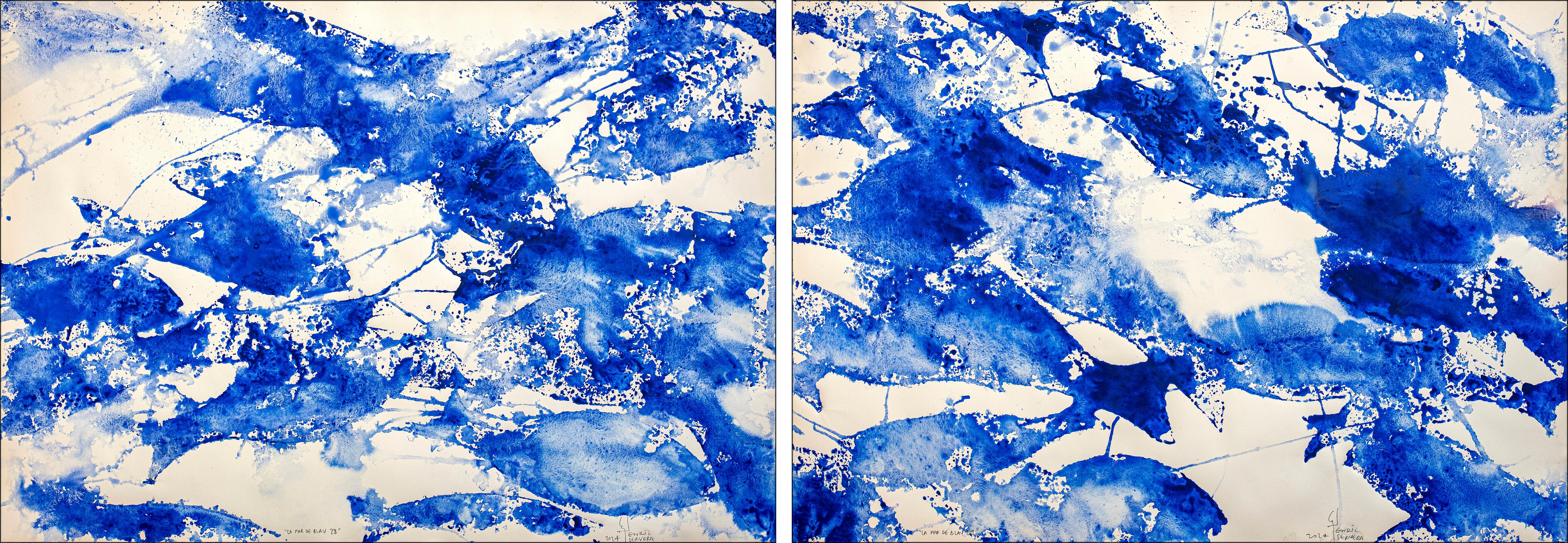 Enric Servera Animal Painting – Abstraktes Diptychon Meer des Blauen Diptychons, abstrakte blau-weiße Fischmuster, mediterraner Stil 